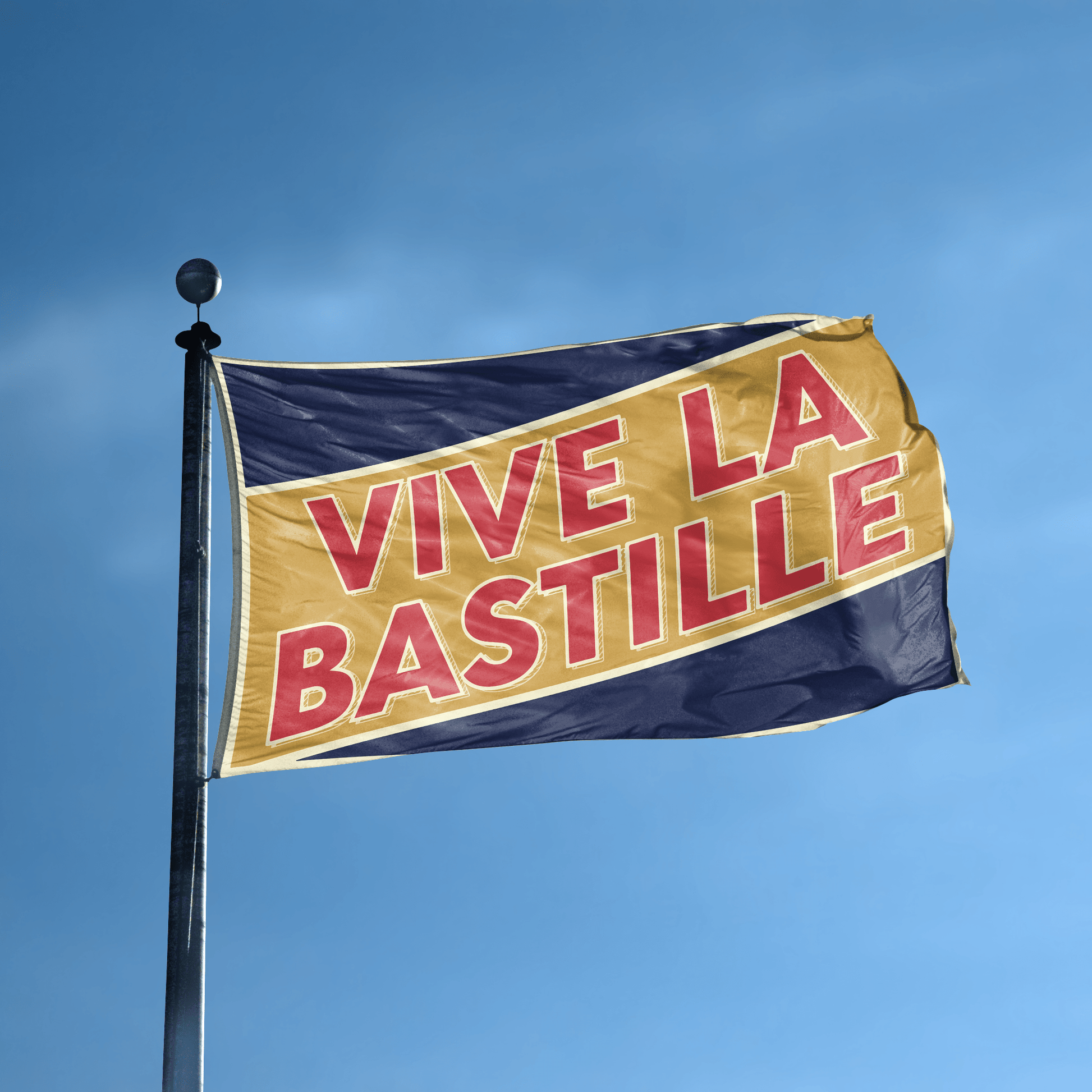 A flag with the saying "Vive La Bastille Holiday" displayed on a high pole, with a holiday themed color scheme.