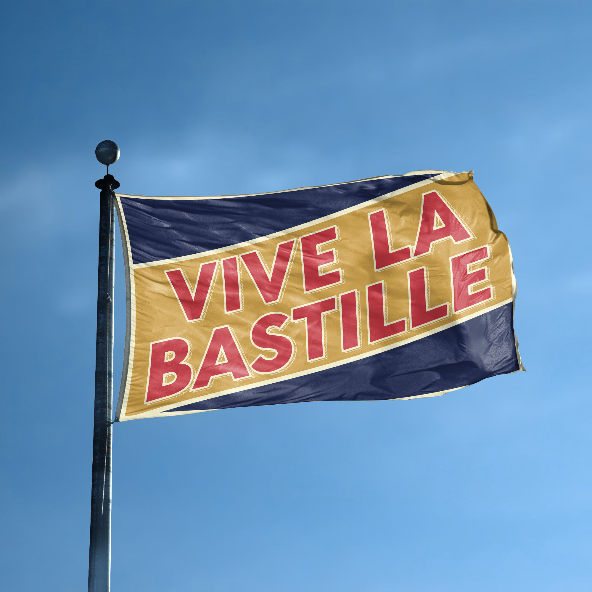 A flag with the saying "Vive La Bastille Holiday" displayed on a high pole, with a holiday themed color scheme.