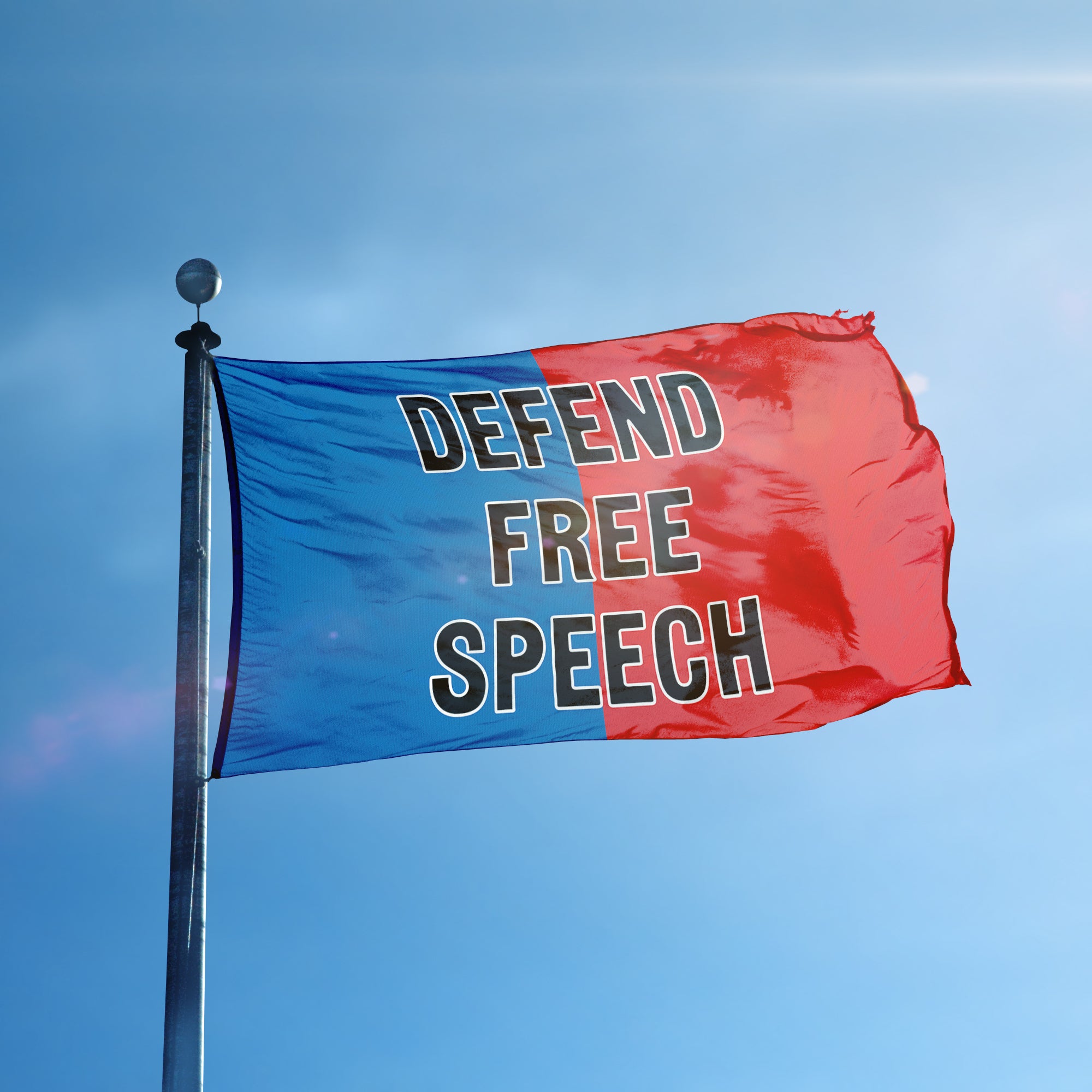 A flag containing a political slogan displayed on a high pole, featuring a patriotic red and blue background.