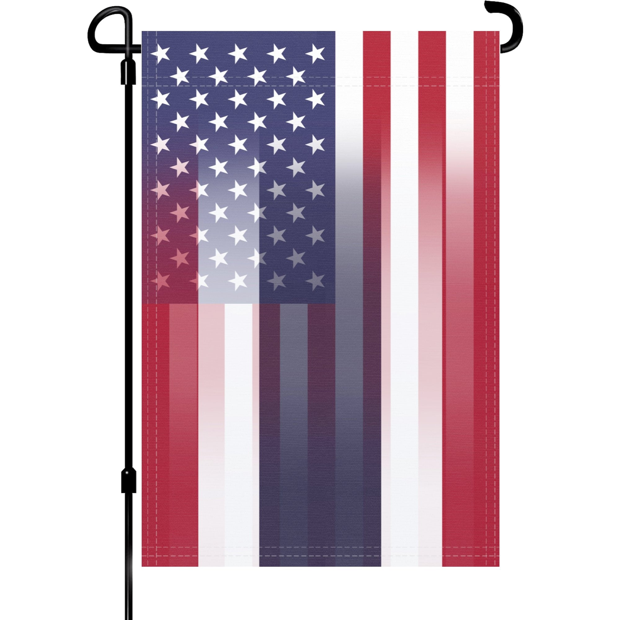 A garden flag on a pole with the Thai American flag design seamlessly blended with the American flag.