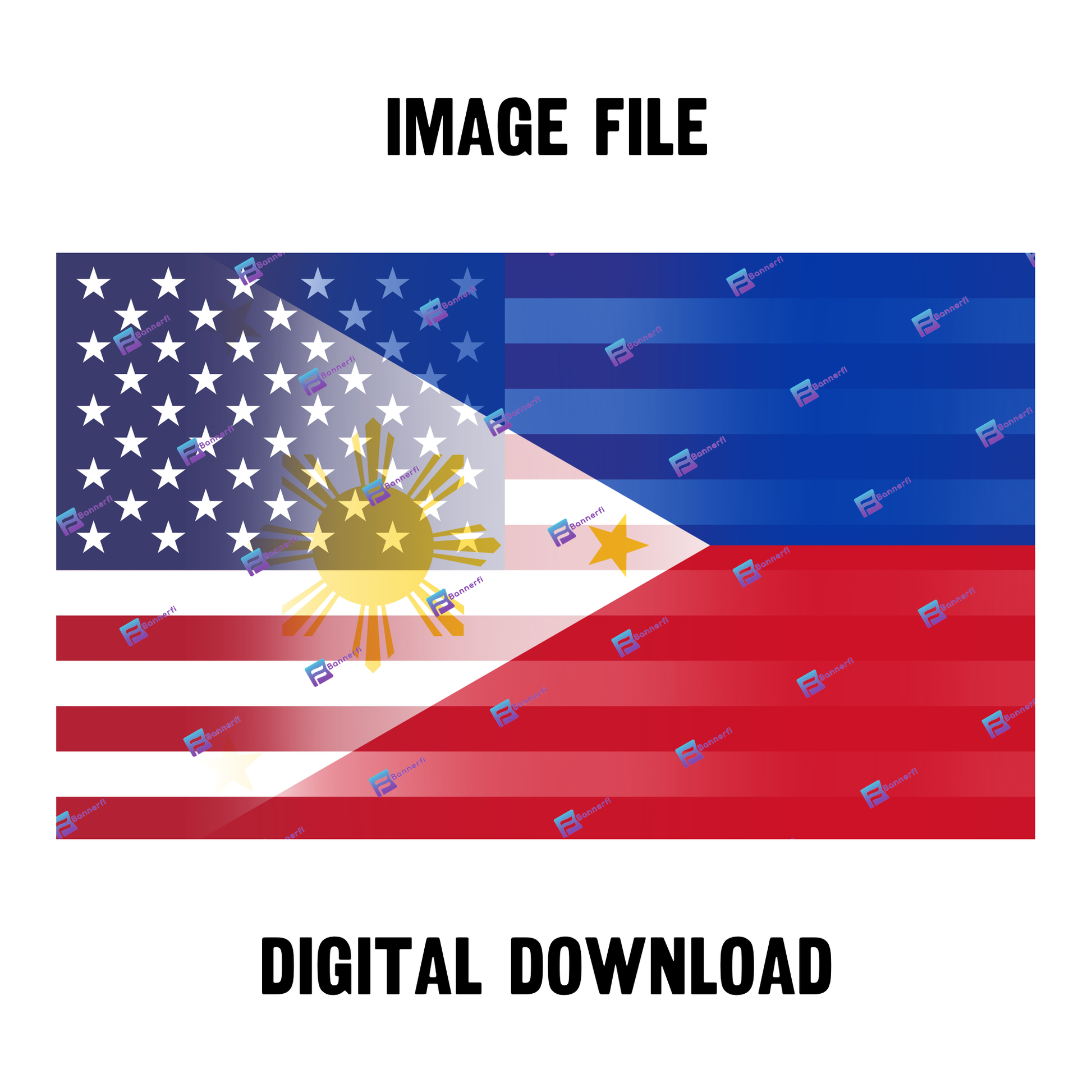 Digital download of a blended US and Filipino flag, merging American stars & stripes with Filipino’s colors. 