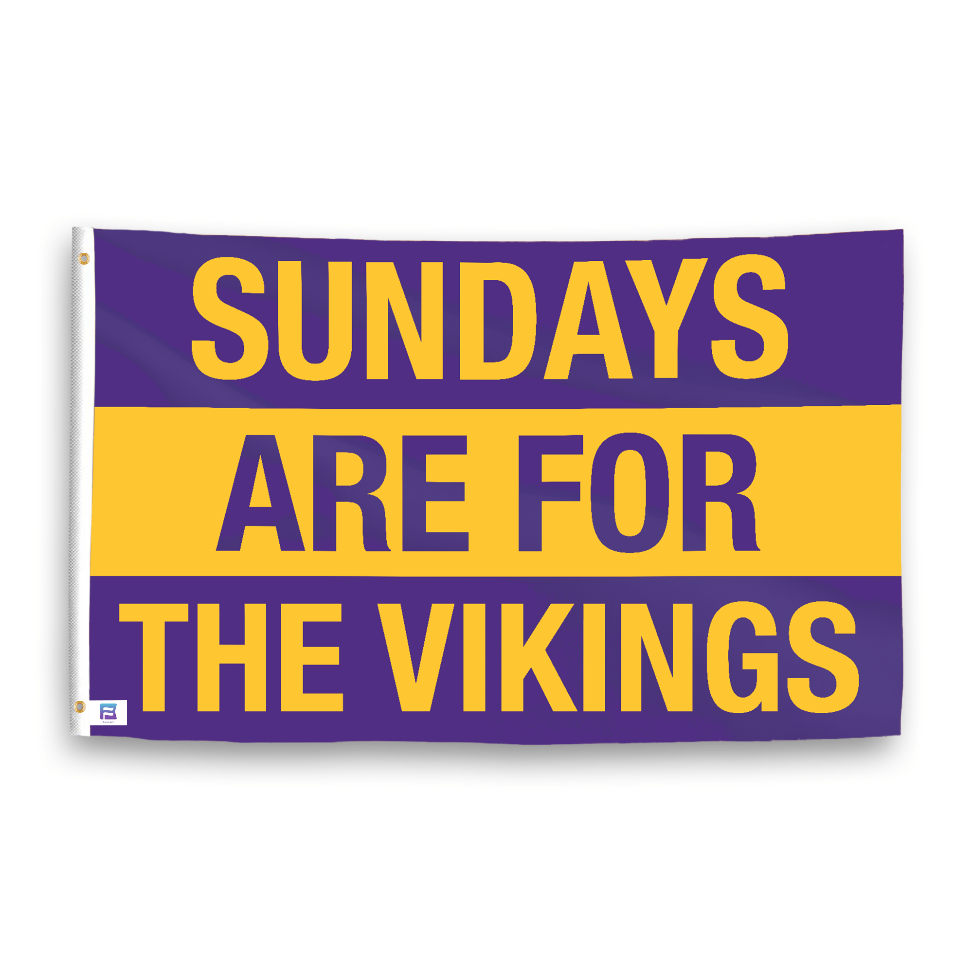 A flag with the saying "https://www.dropbox.com/scl/fi/kaum3bm300czb0yfhzufg/sundays-are-for-the-vikings_ripple.png?rlkey=3r0kua4dw8xgndv79s4nihgqc&raw=1", with the sports team color scheme.