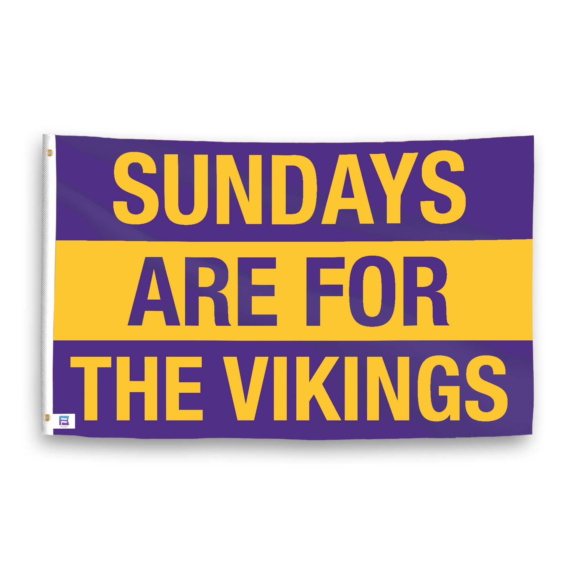 A flag with the saying "https://www.dropbox.com/scl/fi/kaum3bm300czb0yfhzufg/sundays-are-for-the-vikings_ripple.png?rlkey=3r0kua4dw8xgndv79s4nihgqc&raw=1", with the sports team color scheme.