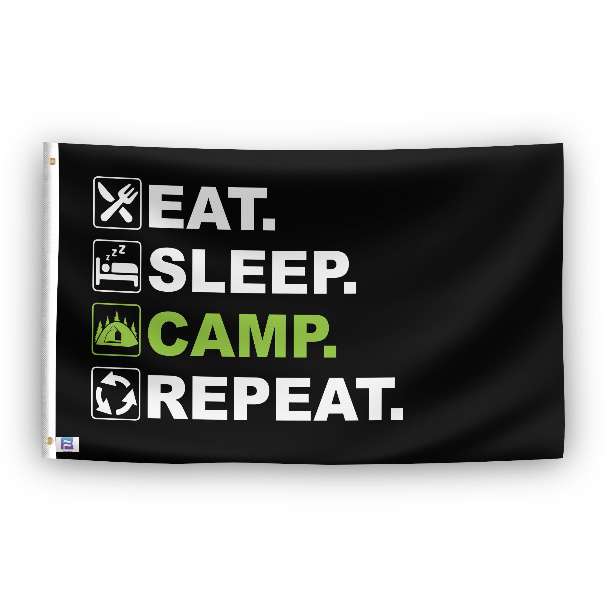 A flag with the saying "Eat Sleep Camp Repeat", with a black, white and themed color scheme.