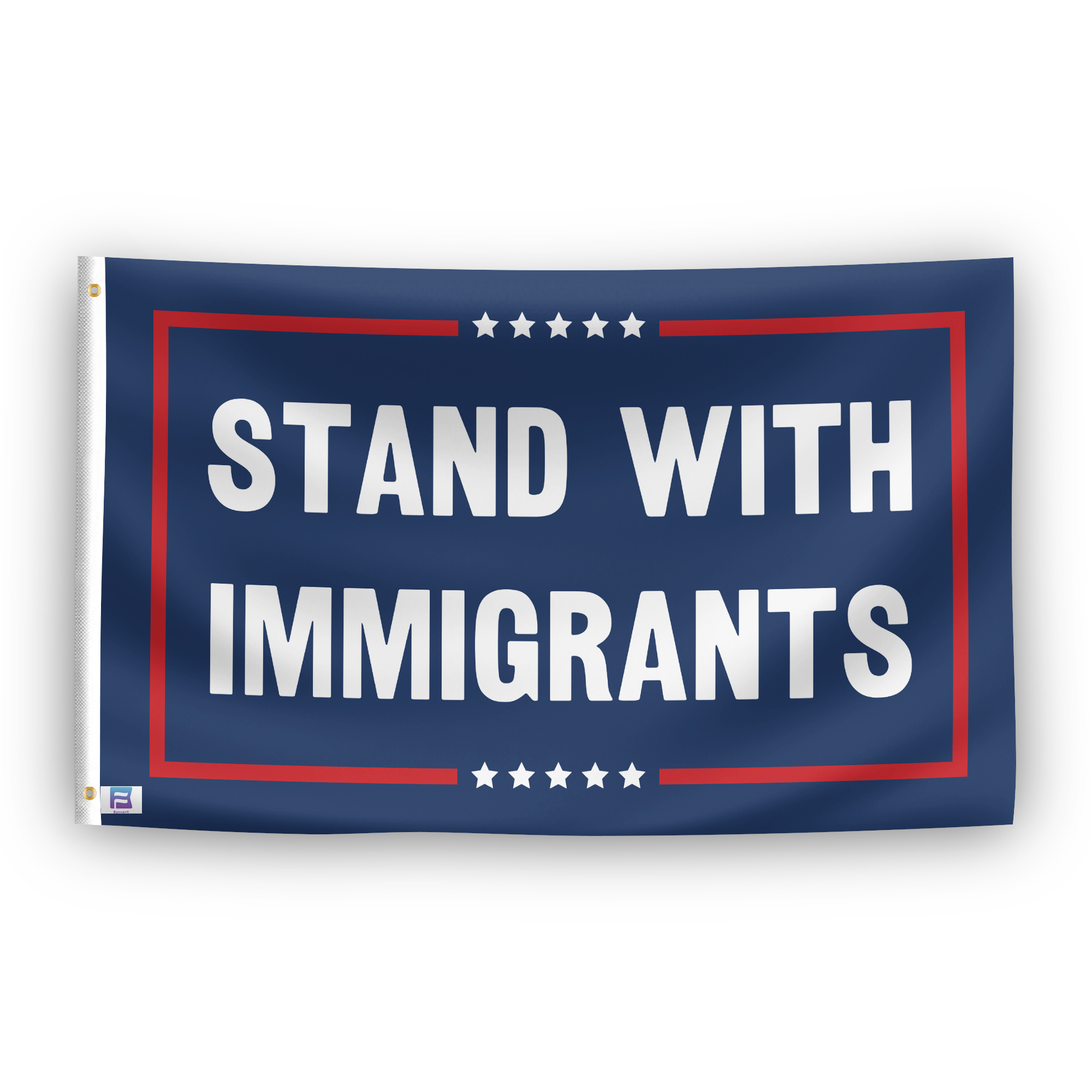 A political flag with the saying "Stand With Immigrants Political", with a red, white, and blue color scheme.