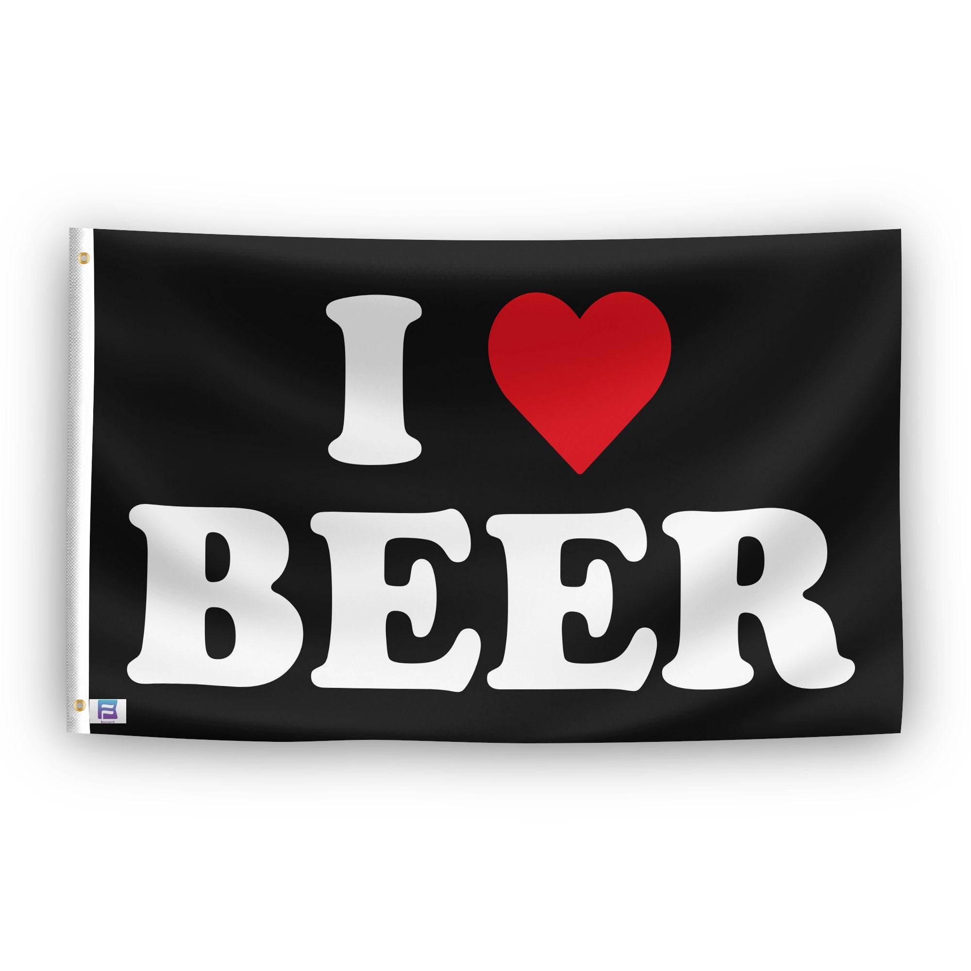 A flag with the saying "I Love Beer", with a black, white and red color scheme.