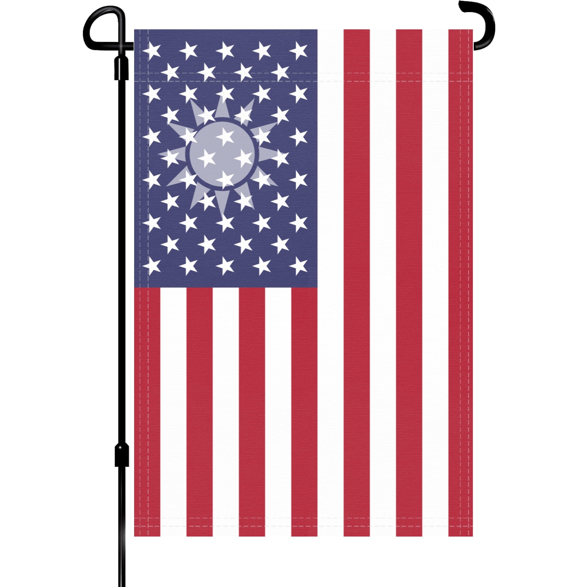 A garden flag on a pole with the Taiwanese American flag design seamlessly blended with the American flag.