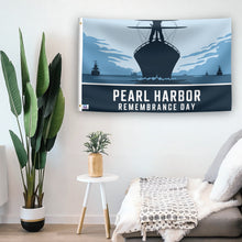 Load image into Gallery viewer, In a home setting, a flag with the saying &quot;Pearl Harbor Remembrance Day&quot; is mounted on a white wall by a side table.
