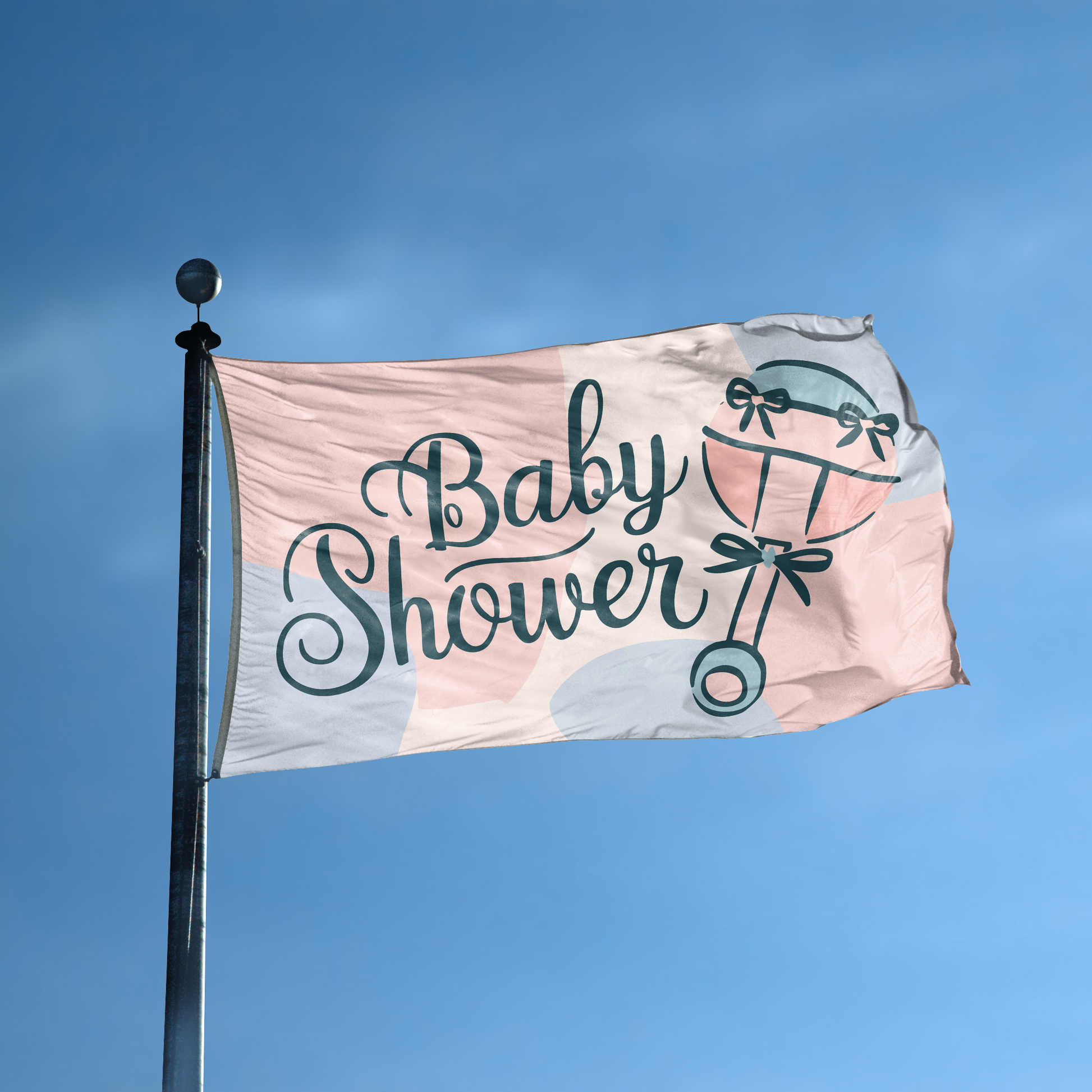 A flag with the saying "Baby Shower Event" displayed on a high pole, with a special occasion color scheme.