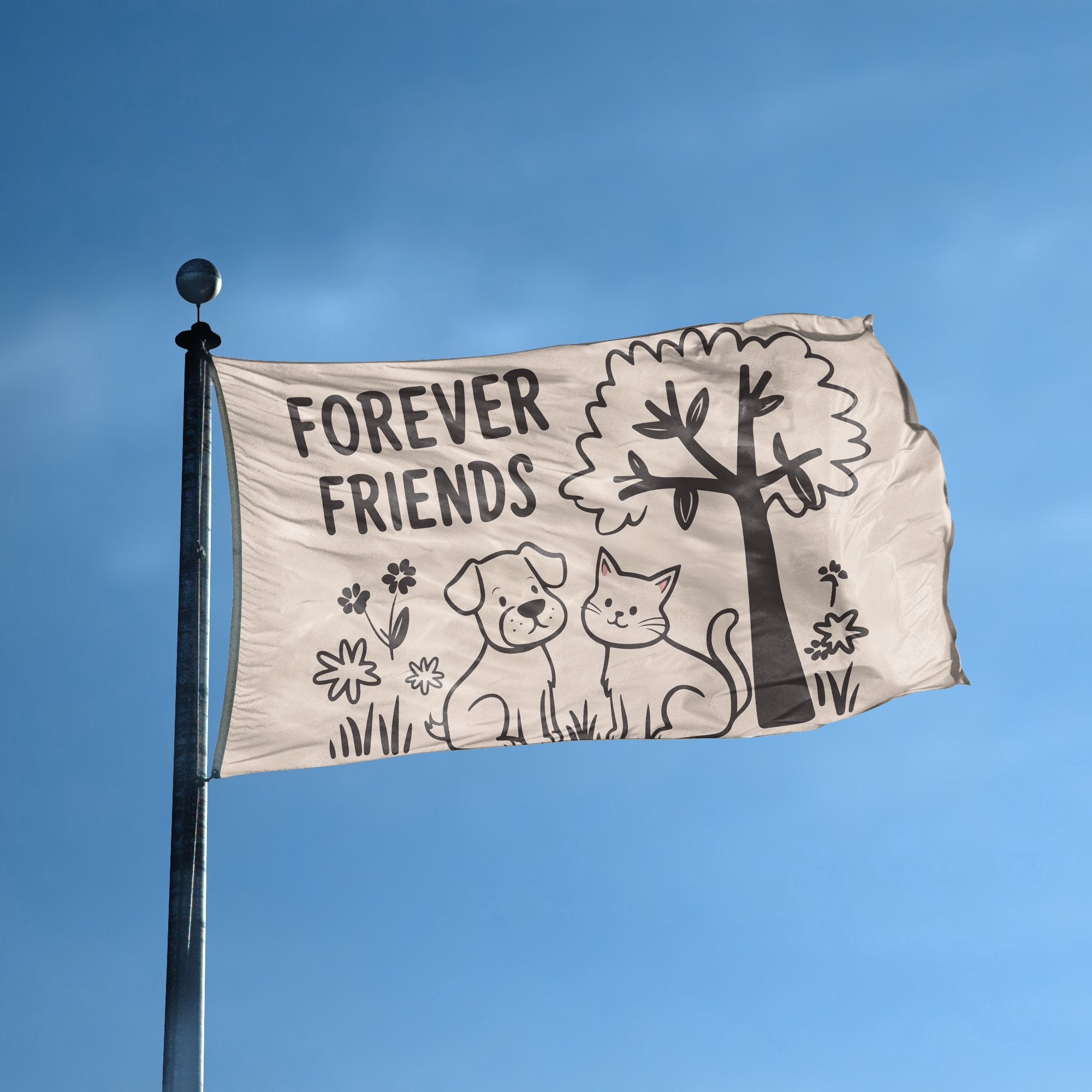 A flag with the saying "Forever Friends" displayed on a high pole, with a special occasion color scheme.