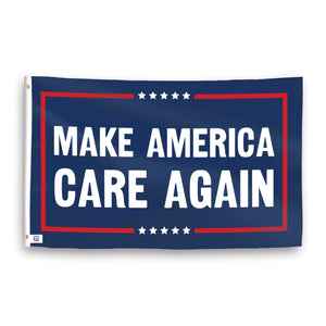 A political flag with the saying "https://www.dropbox.com/scl/fi/r1kdlvot66gelrlut5t19/make-america-care-again_ripple.png?rlkey=5qbo2oyesrcvifhts331wnmie&raw=1", with a red, white, and blue color scheme.