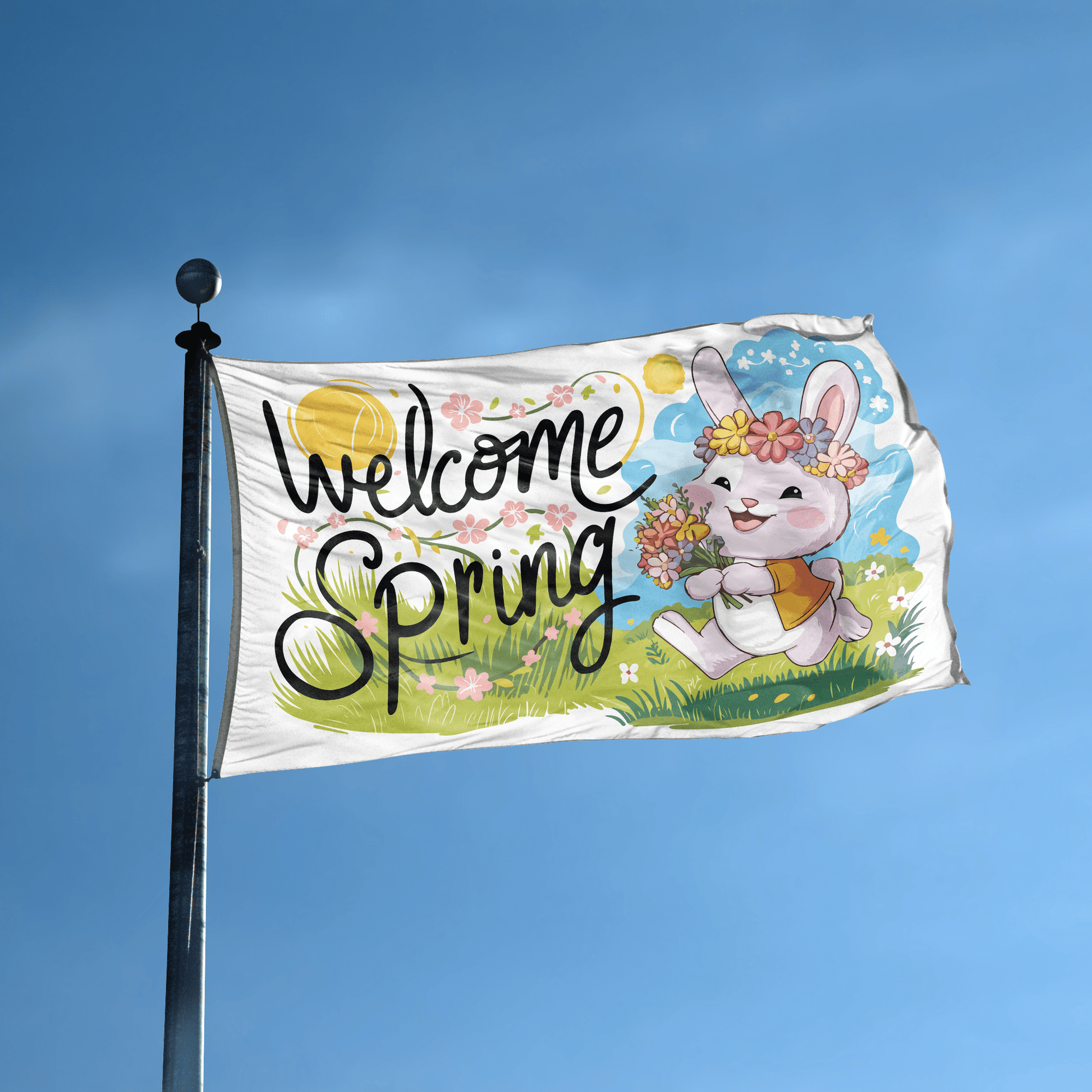 A flag with the saying "Welcome Spring" displayed on a high pole, with a special occasion color scheme.