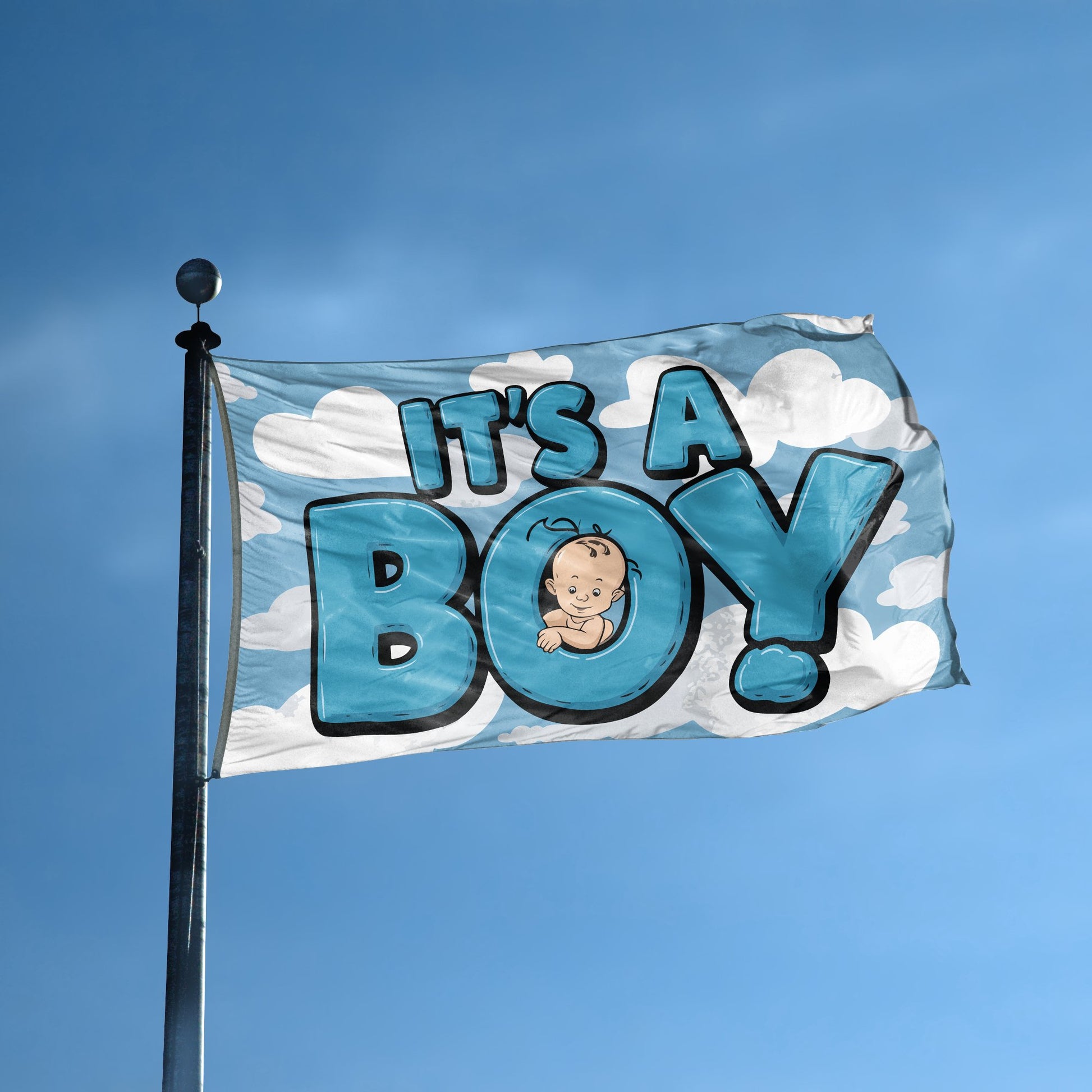 A flag with the saying "It's A Boy" displayed on a high pole, with a special occasion color scheme.