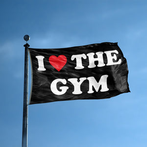 A flag with the saying "I Love The Gym" displayed on a high pole, with a black, white and red color scheme.