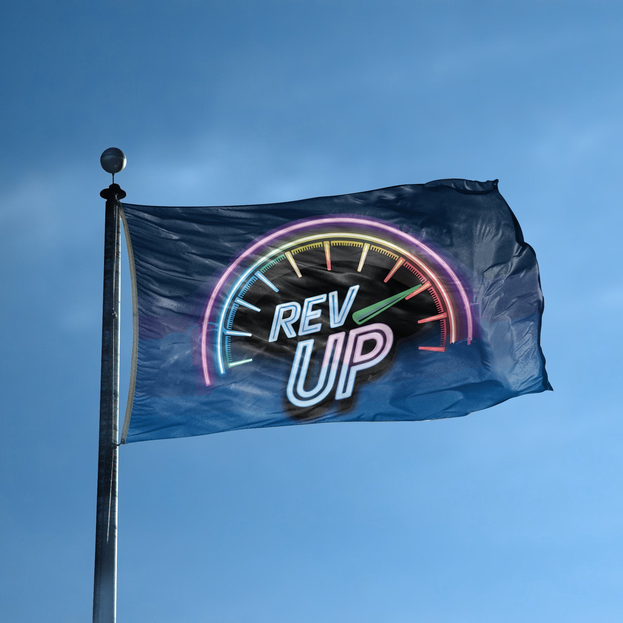 A flag with the saying "Rev Up" displayed on a high pole, with a neon style color scheme.