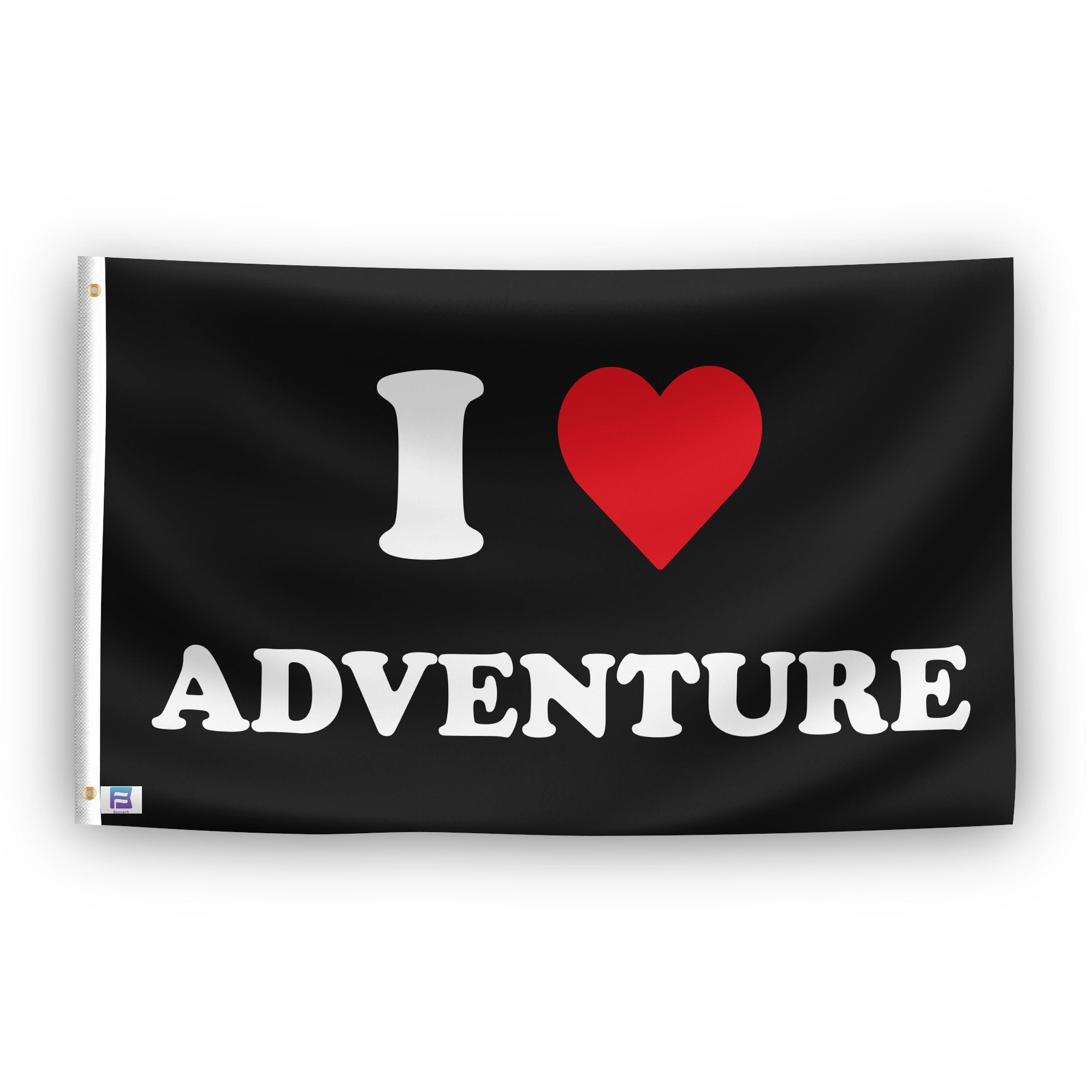 A flag with the saying "I Love Adventure", with a black, white and red color scheme.