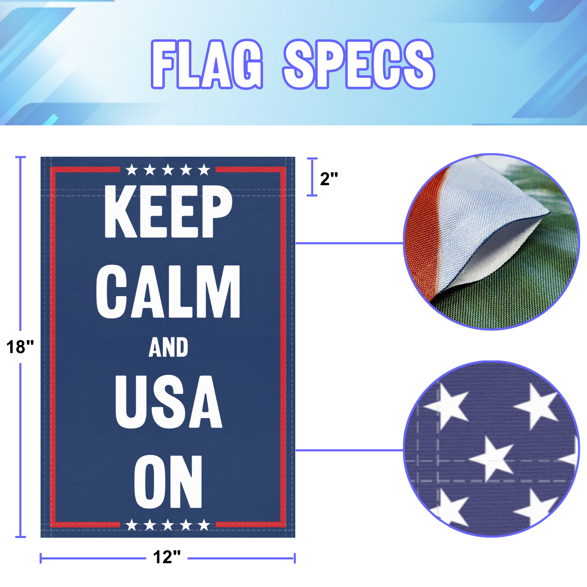 12 inch by 18 inch size specifications of a political garden flag with the slogan Keep Calm And Usa On.