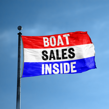 Load image into Gallery viewer, A business banner with the saying &quot;Boat Sales Inside&quot; displayed on a high pole, with a red, white, and blue color scheme.
