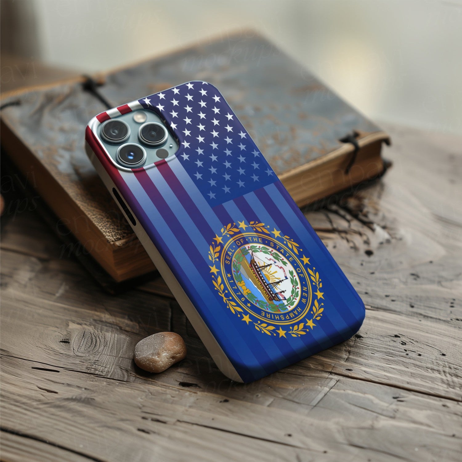 Digital download of a blended US and New Hampshire flag on a phone case, merging American stars & stripes with New Hampshire’s emblem.