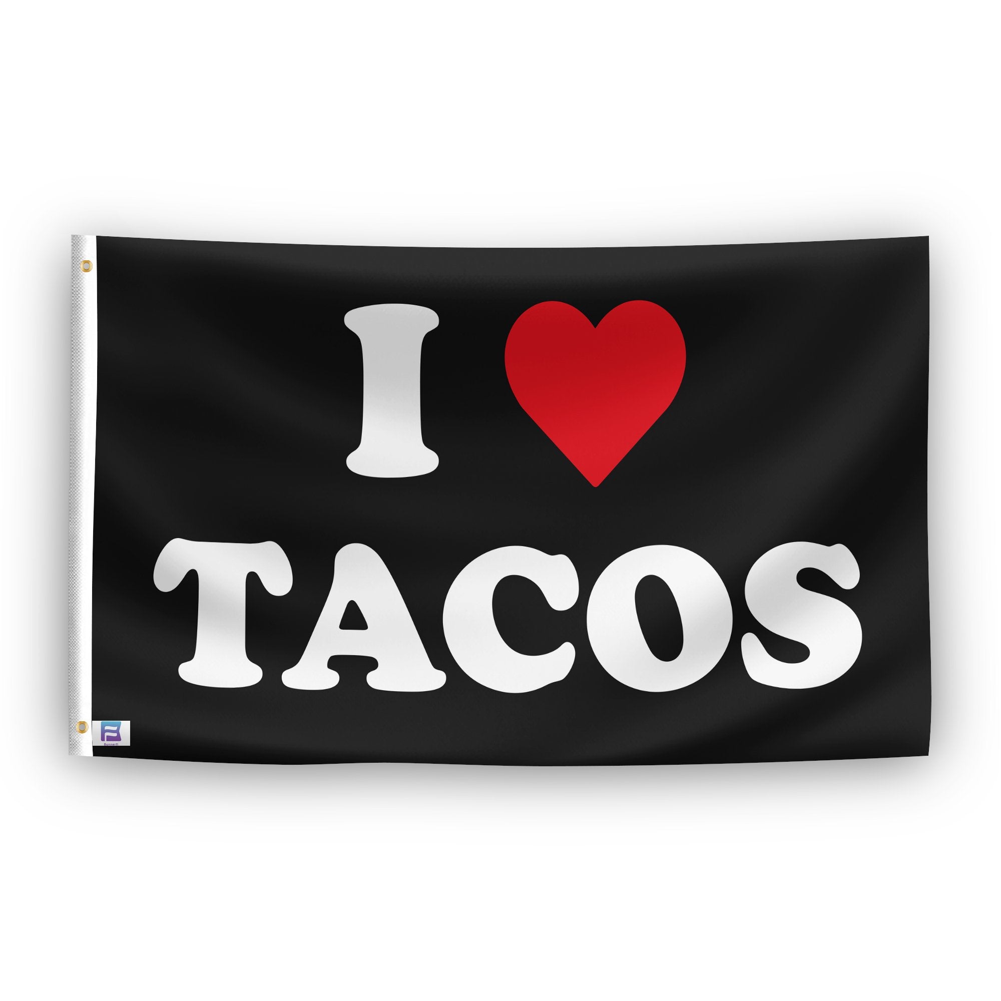 A flag with the saying "I Love Tacos", with a black, white and red color scheme.