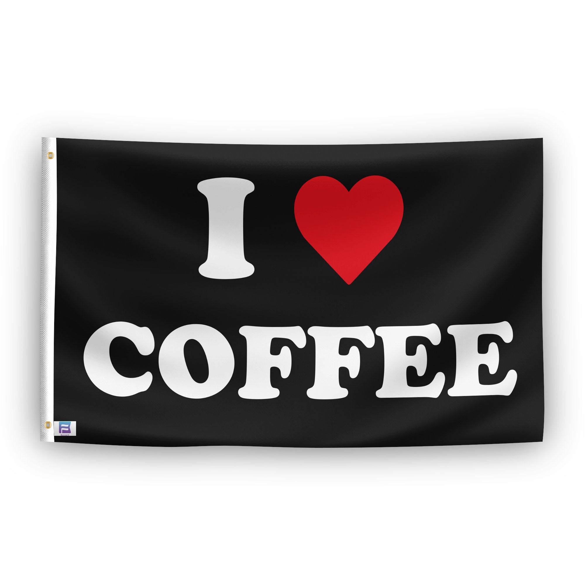 A flag with the saying "I Love Coffee", with a black, white and red color scheme.