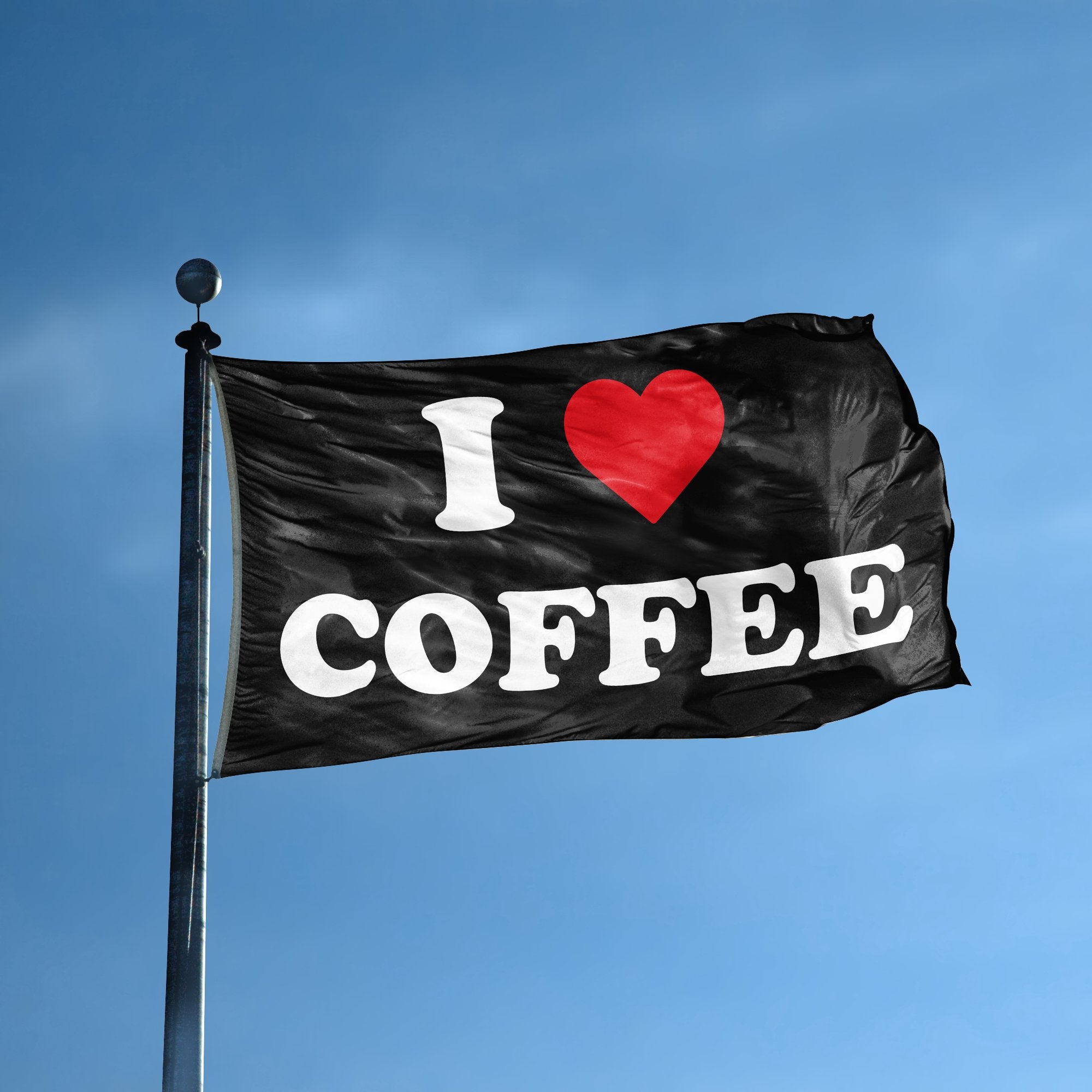 A flag with the saying "I Love Coffee" displayed on a high pole, with a black, white and red color scheme.