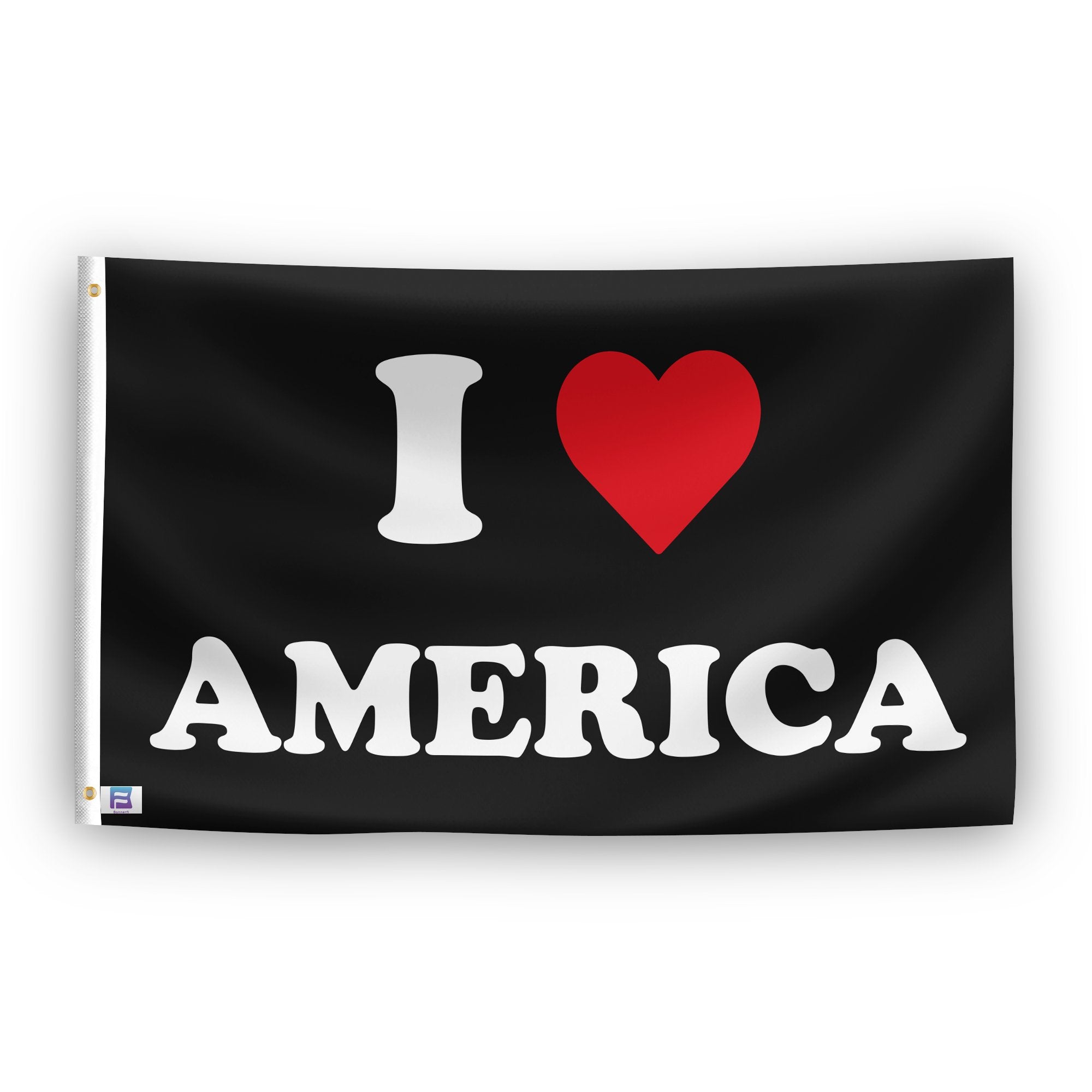 A flag with the saying "I Love America", with a black, white and red color scheme.