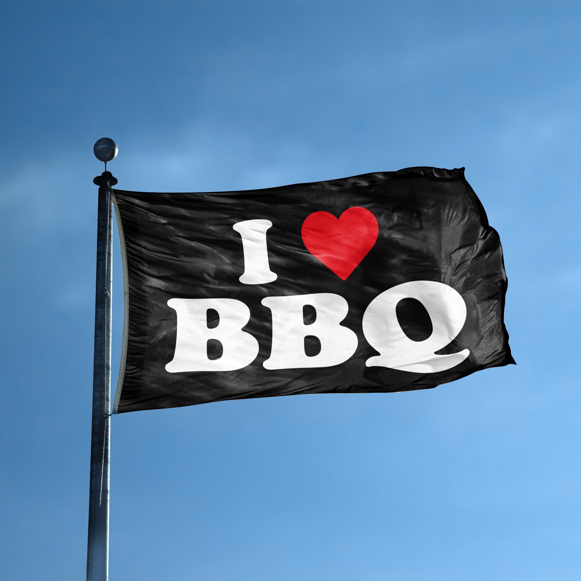 A flag with the saying "I Love BBQ" displayed on a high pole, with a black, white and red color scheme.