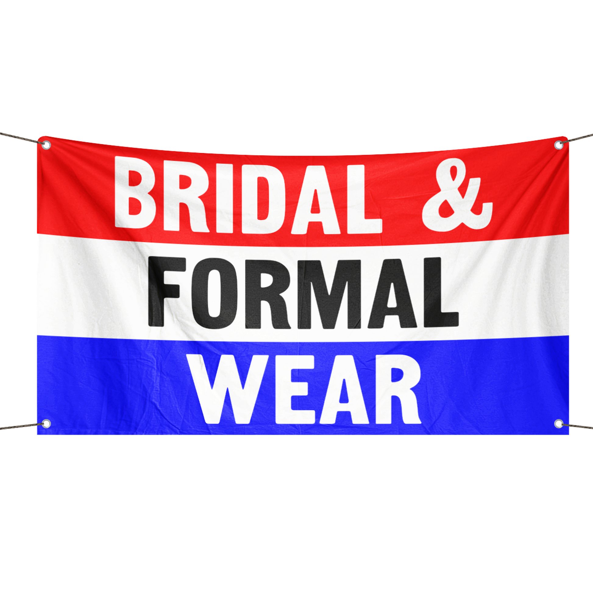 A business banner with the saying "Bridal And Formal Wear", with a red, white, and blue color scheme.