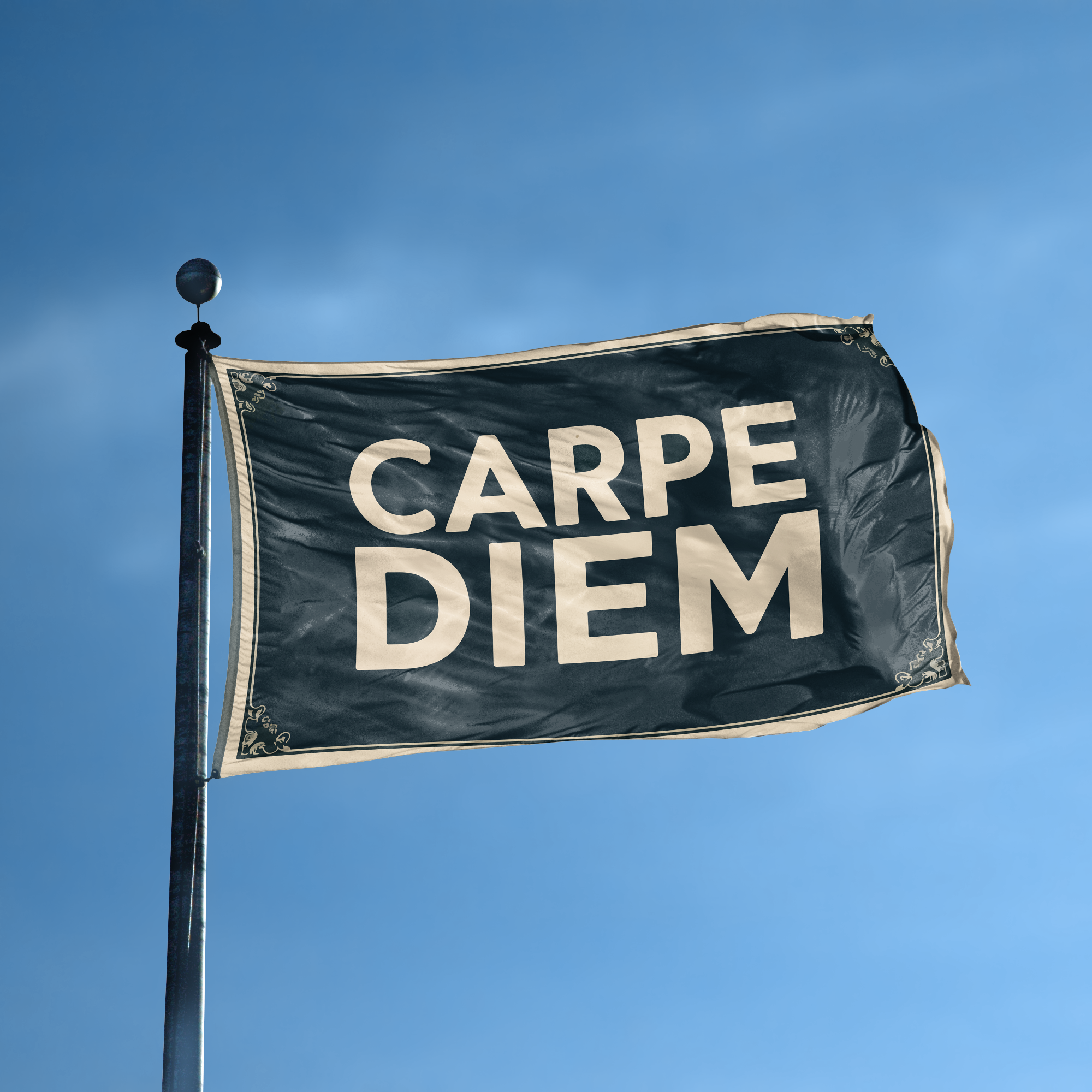 A flag with the saying "Carpe Diem" displayed on a high pole, with a special occasion color scheme.