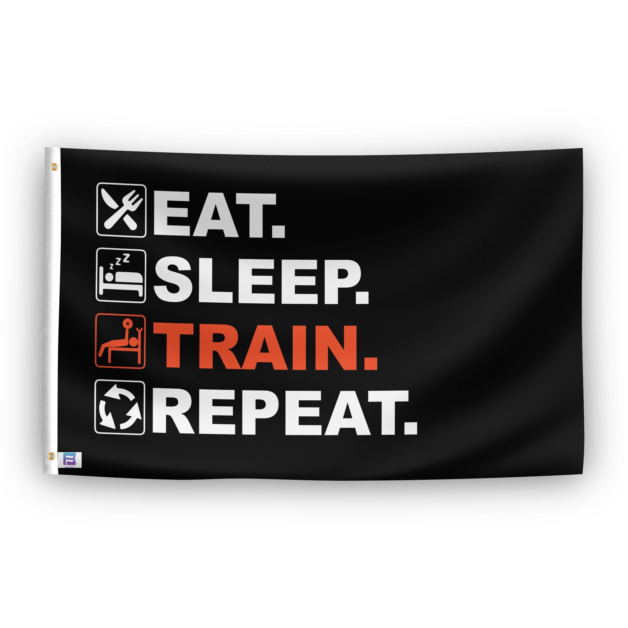 A flag with the saying "Eat Sleep Train Repeat", with a black, white and themed color scheme.