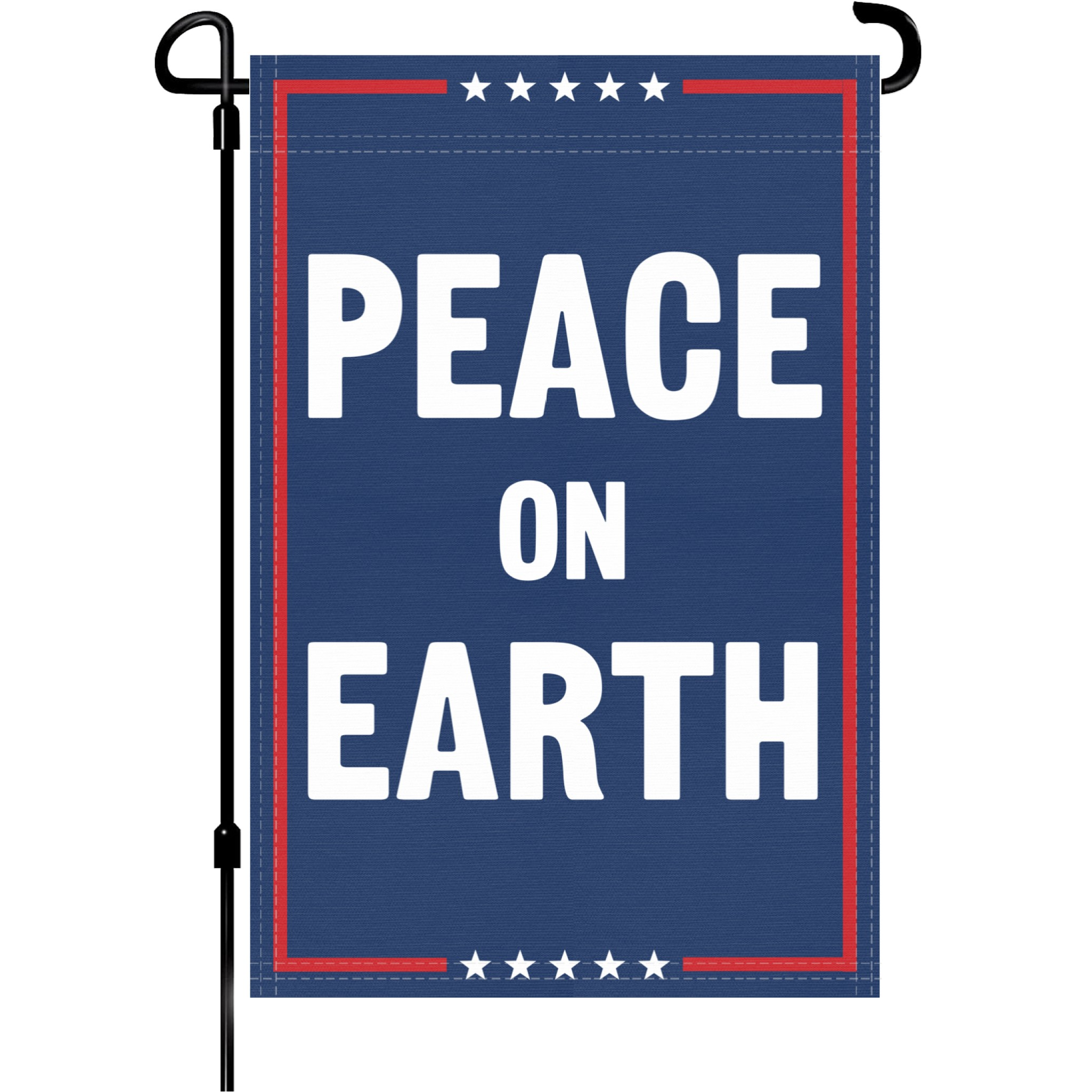 A red, white and blue political garden flag on a pole with the slogan Peace On Earth.
