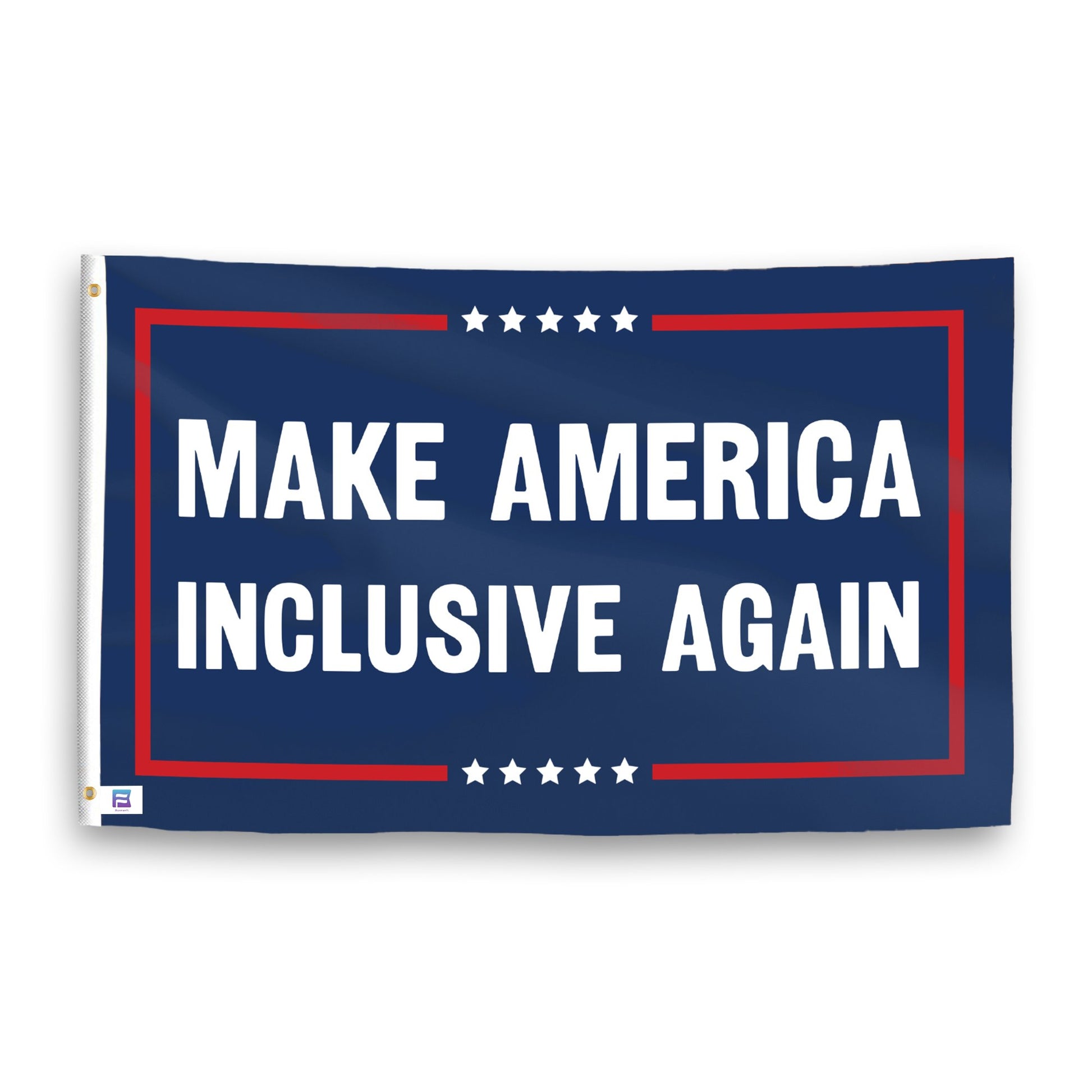 A political flag with the saying "https://www.dropbox.com/scl/fi/ghhafwepwd21z3twqheul/make-america-inclusive-again_ripple.png?rlkey=vwm3og4gqk5o64p2l7xfyujkh&raw=1", with a red, white, and blue color scheme.