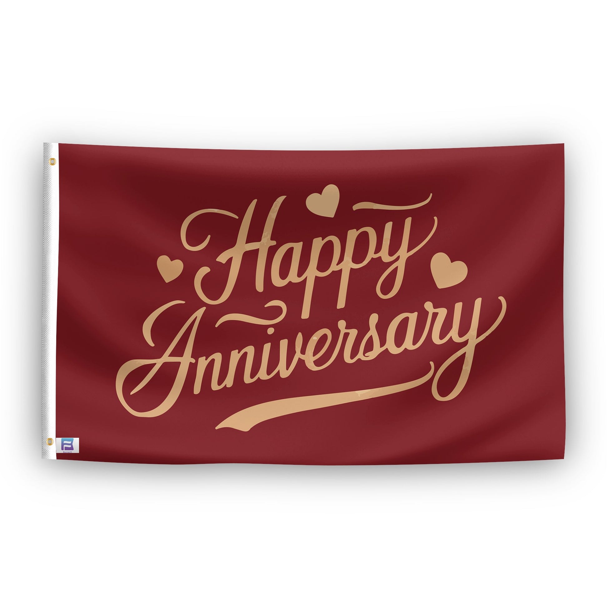 A flag with the saying "Happy Anniversary", with a special occasion color scheme.