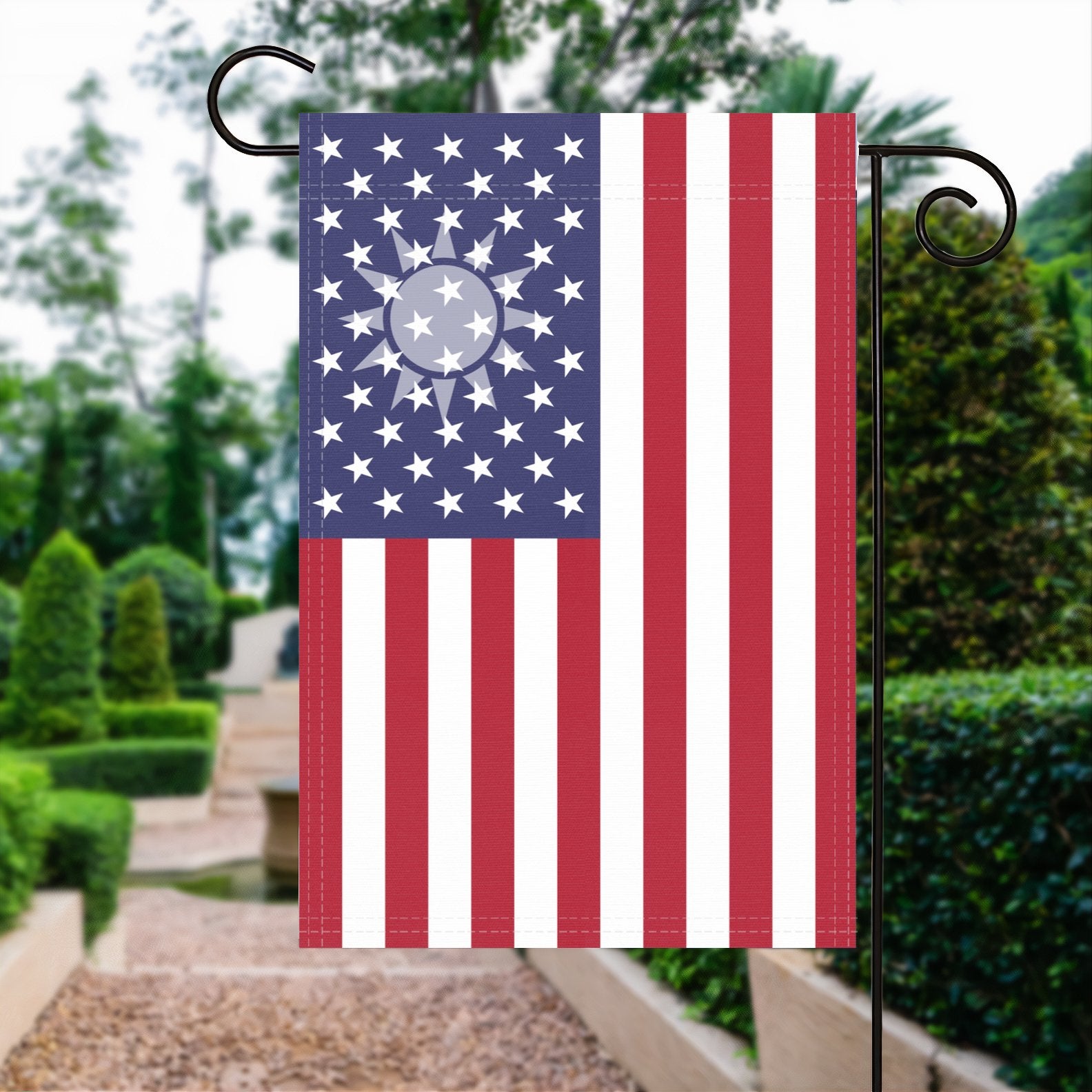 A garden flag with the Taiwanese American flag design seamlessly blended with the American flag, displayed in a garden.