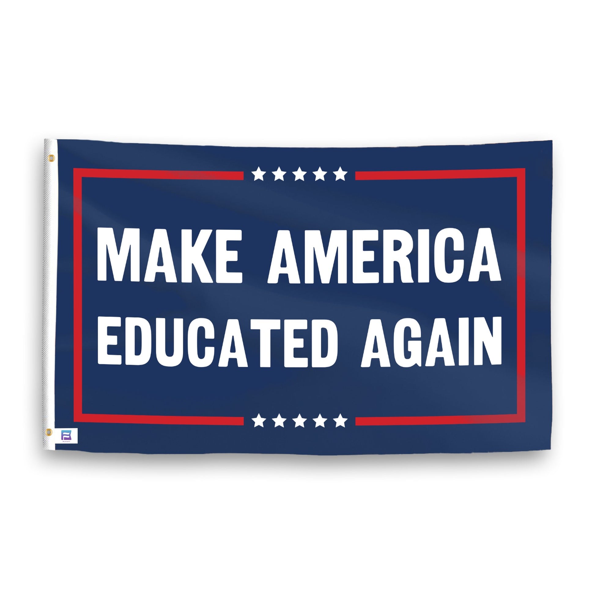 A political flag with the saying "https://www.dropbox.com/scl/fi/vvci7odvfq84qng6ix2o6/make-america-educated-again_ripple.png?rlkey=16jo5lg3l8or9v3qzvyhf6jnh&raw=1", with a red, white, and blue color scheme.