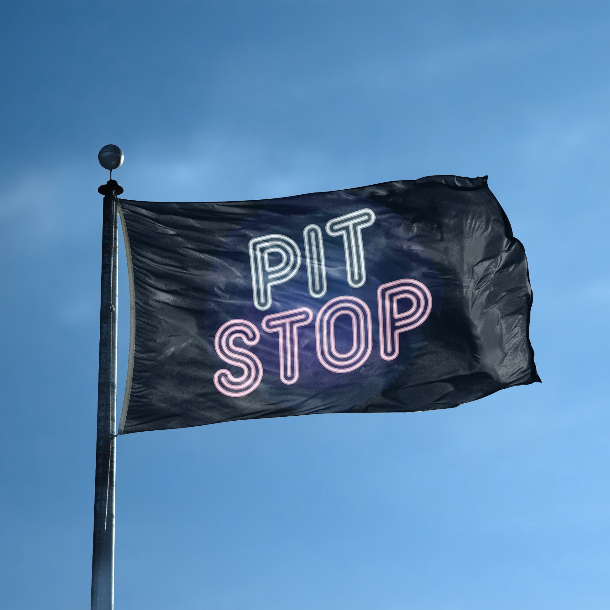 A flag with the saying "Pit Stop" displayed on a high pole, with a neon style color scheme.