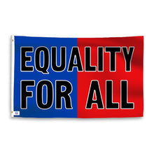 Load image into Gallery viewer, A dual-tone flag containing a political slogan, with a smooth royal blue and deep crimson texture. 
