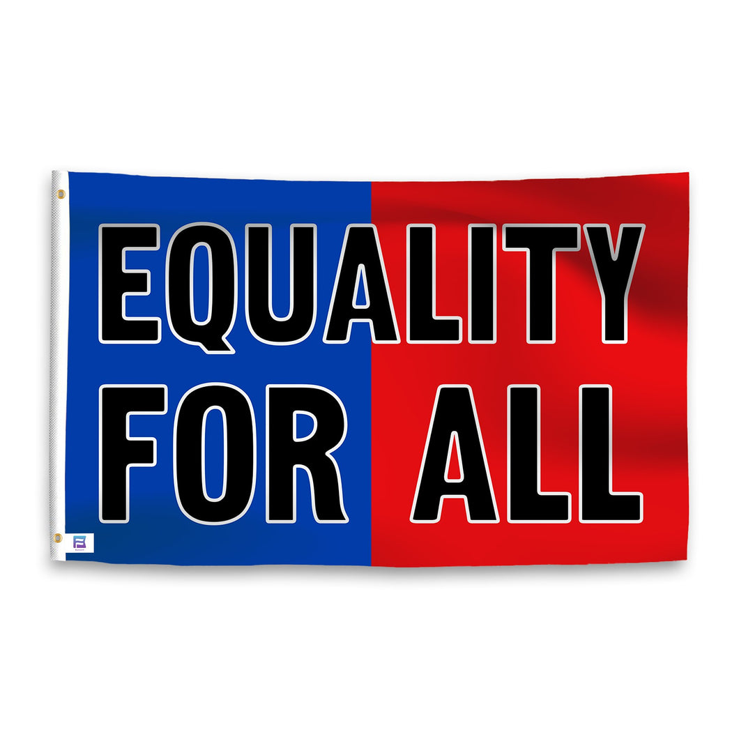 A dual-tone flag containing a political slogan, with a smooth royal blue and deep crimson texture. 