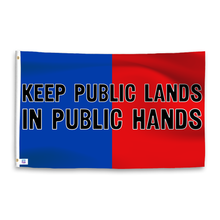 Load image into Gallery viewer, A dual-tone flag containing a political slogan, with a smooth royal blue and deep crimson texture. 
