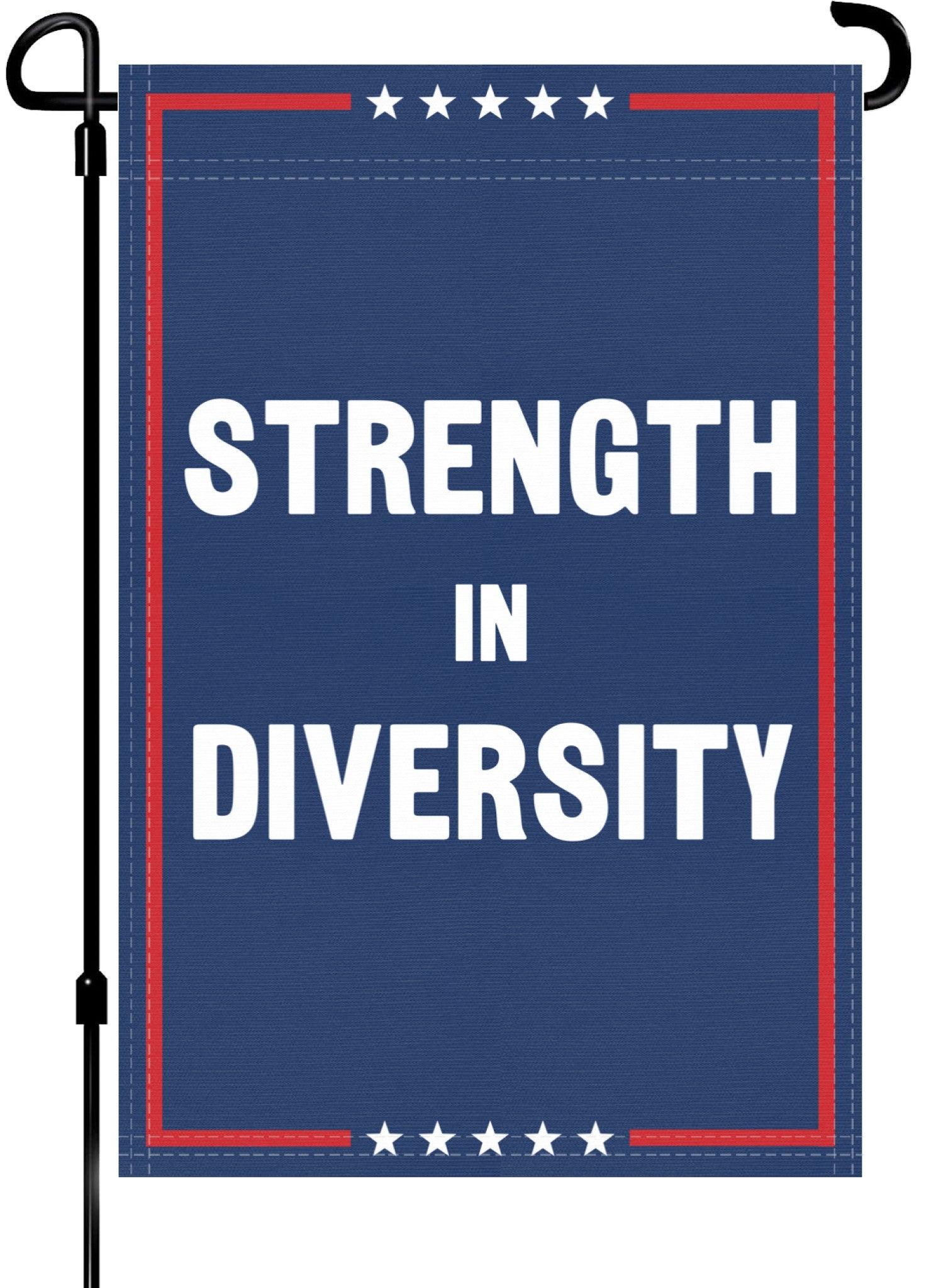 A red, white and blue political garden flag on a pole with the slogan Strength In Diversity. 