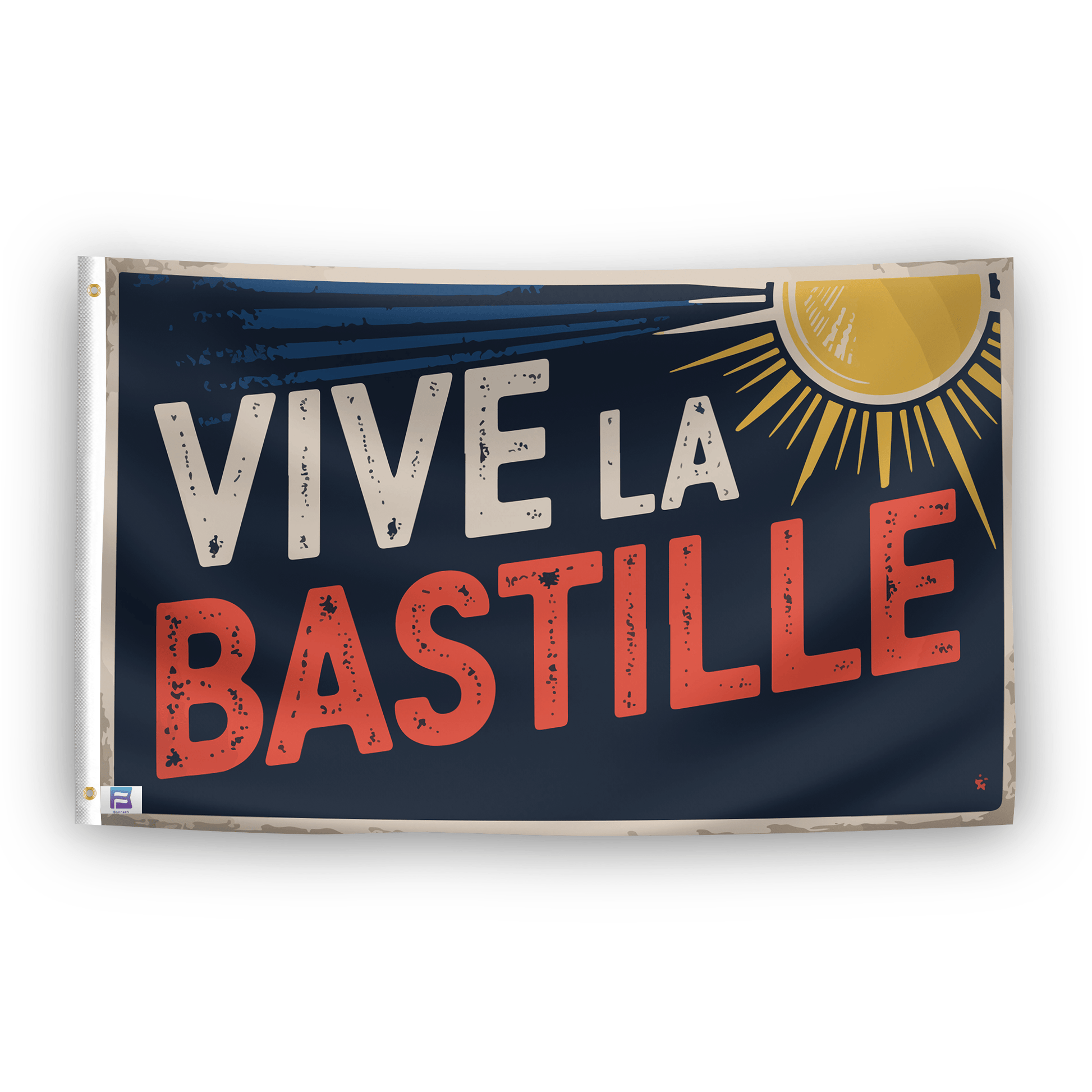 A flag with the saying "Vive La Bastille", with a holiday themed color scheme.