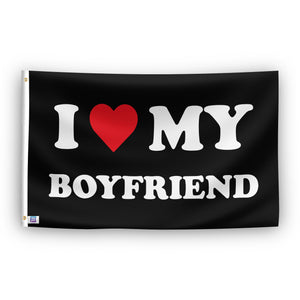 A flag with the saying "I Love My Boyfriend", with a black, white and red color scheme.