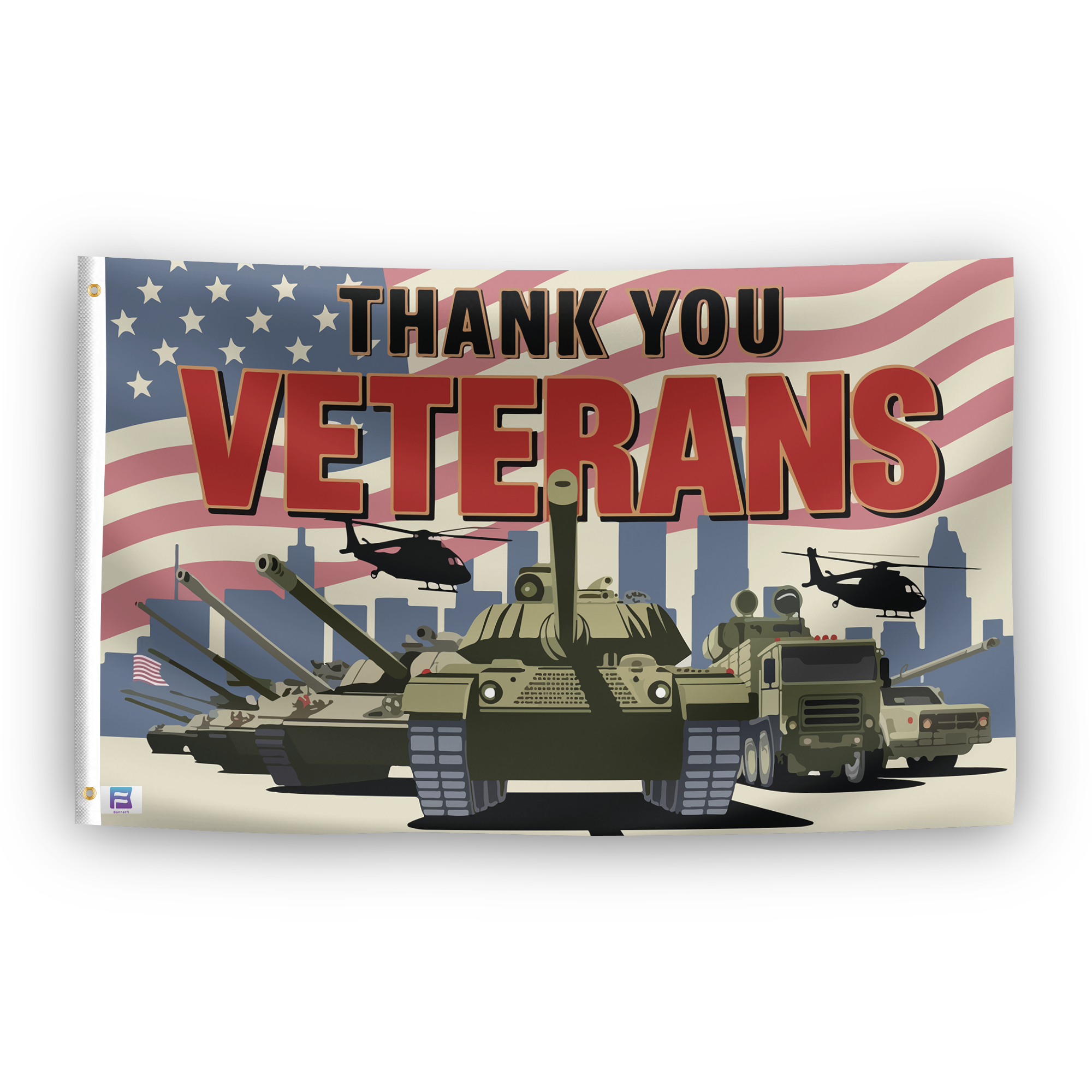 A flag with the saying "Thank You Veterans", with a holiday themed color scheme.