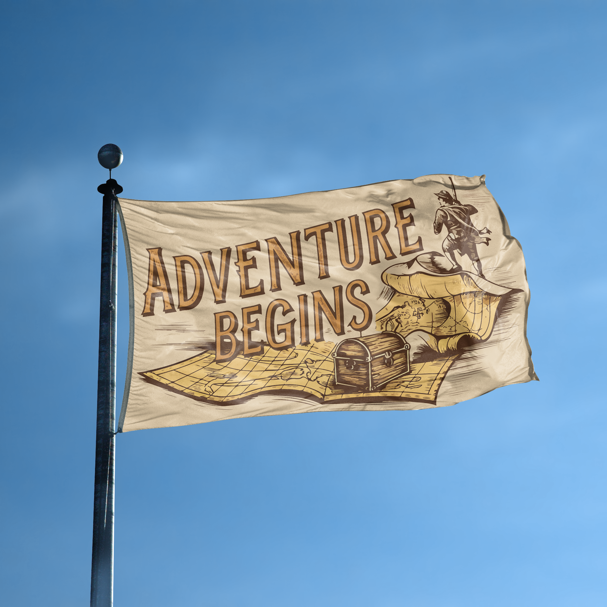 A flag with the saying "Adventure Begins" displayed on a high pole, with a special occasion color scheme.