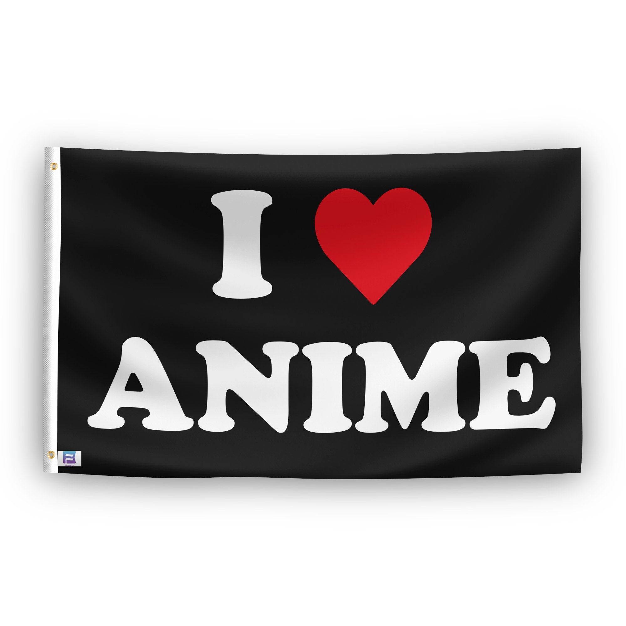 A flag with the saying "I Love Anime", with a black, white and red color scheme.