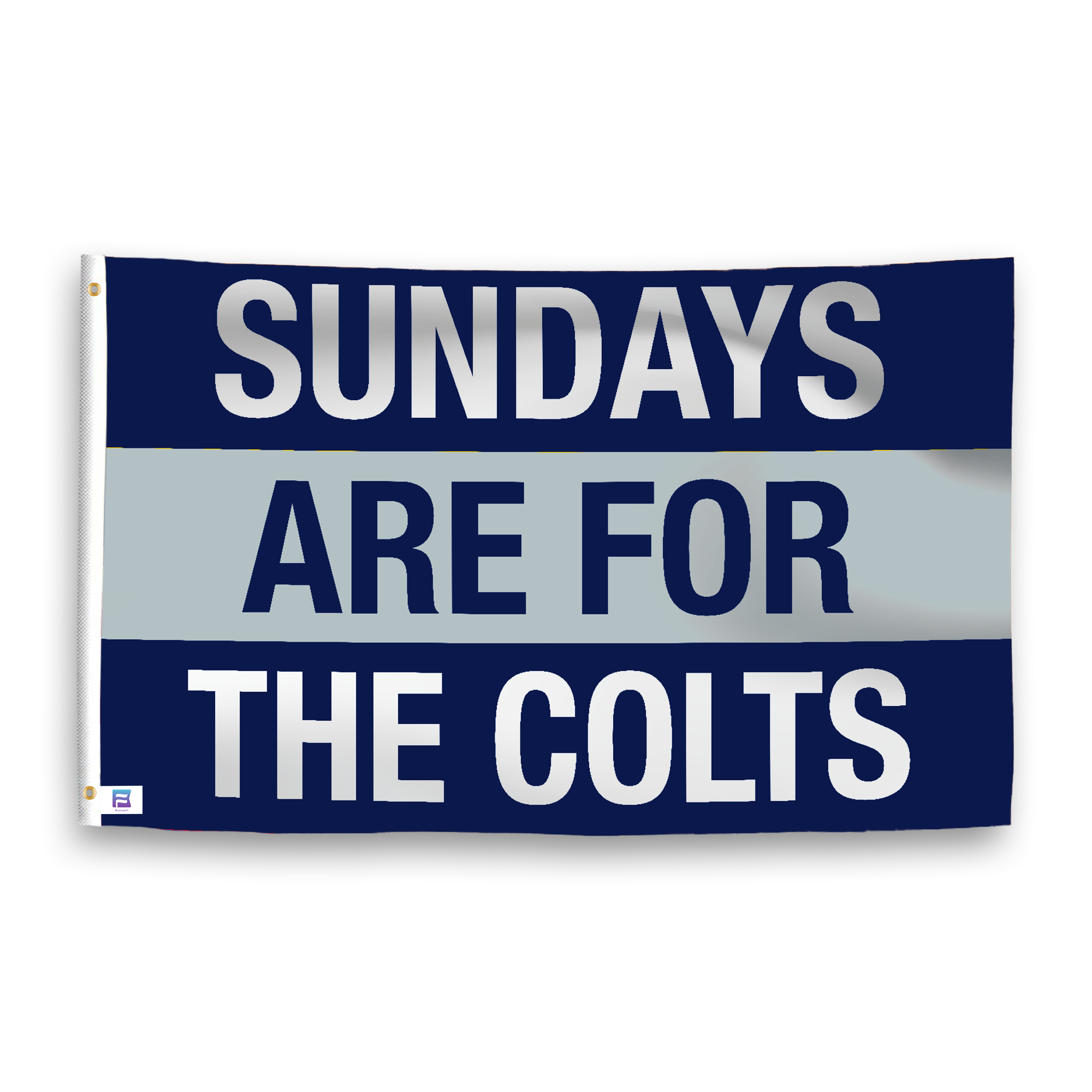 In a home setting, a flag with the saying "https://www.dropbox.com/scl/fi/5q36x0hf5ts40qy5tqetd/sundays-are-for-the-colts_room.png?rlkey=k5nnuu2evcdwd2axx5x72rdco&raw=1" is mounted on a white wall by a side table.