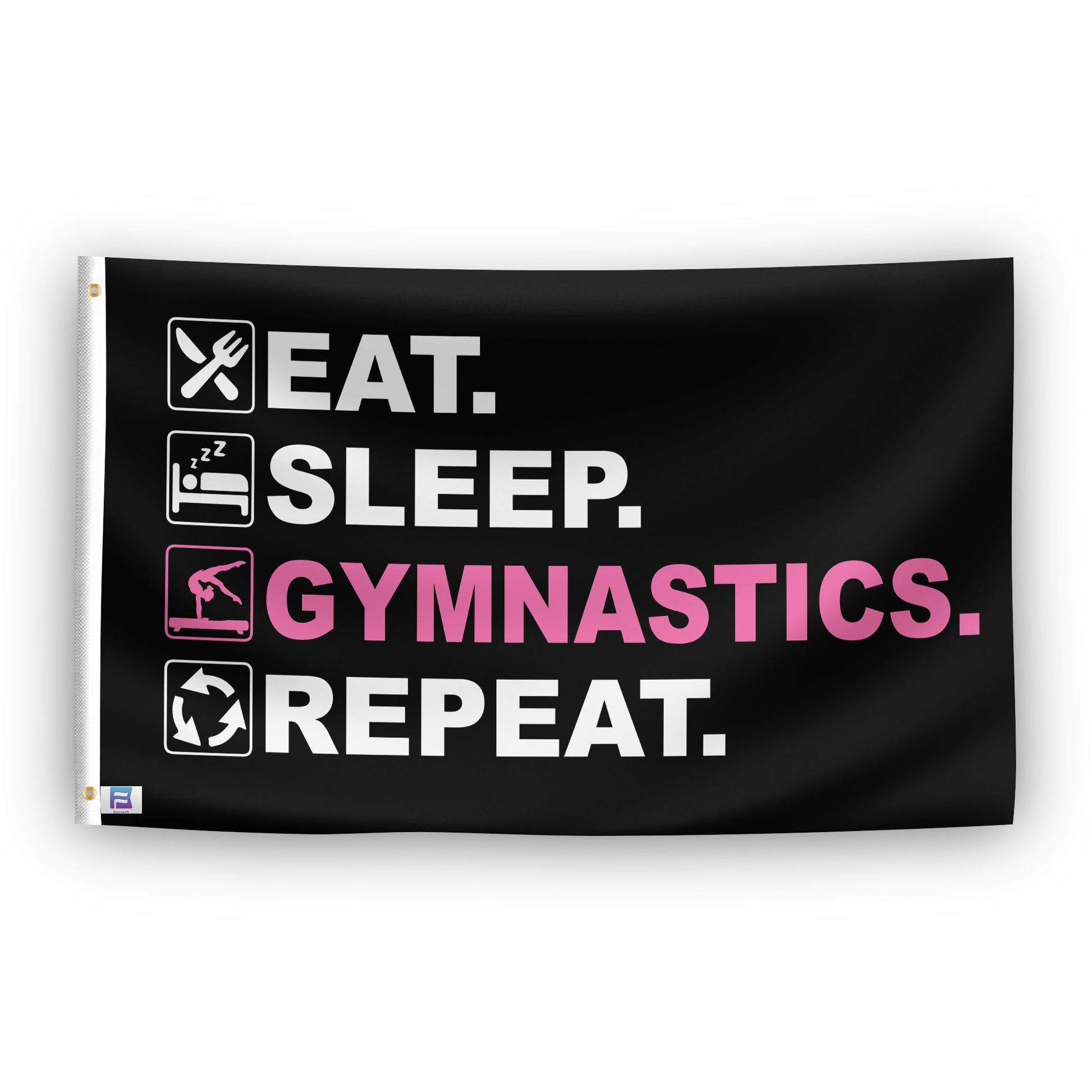 A flag with the saying "Eat Sleep Gymnastics Repeat", with a black, white and themed color scheme.