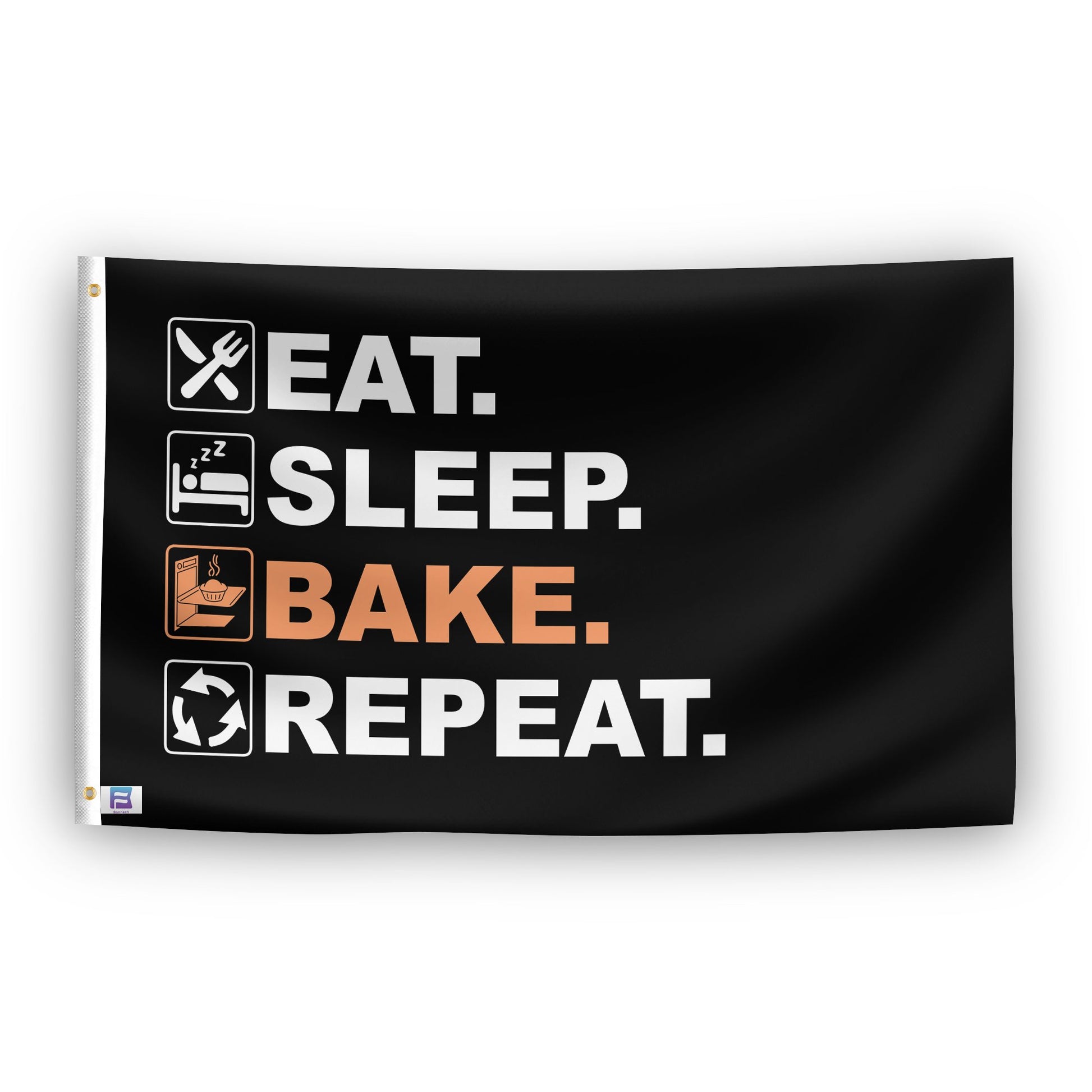 A flag with the saying "Eat Sleep Bake Repeat", with a black, white and themed color scheme.