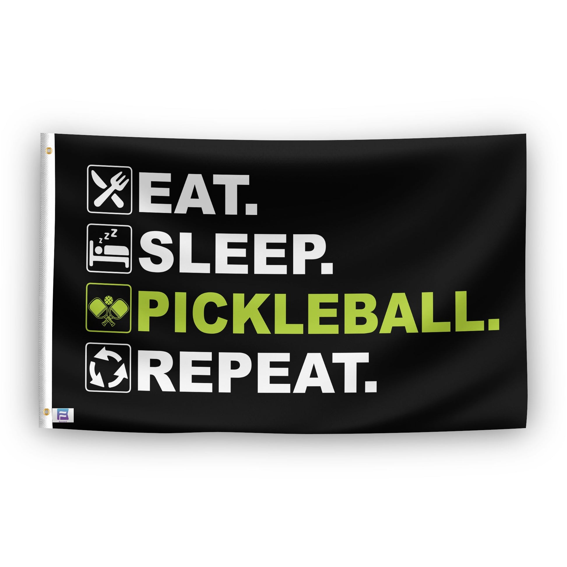 A flag with the saying "Eat Sleep Pickleball Repeat", with a black, white and themed color scheme.